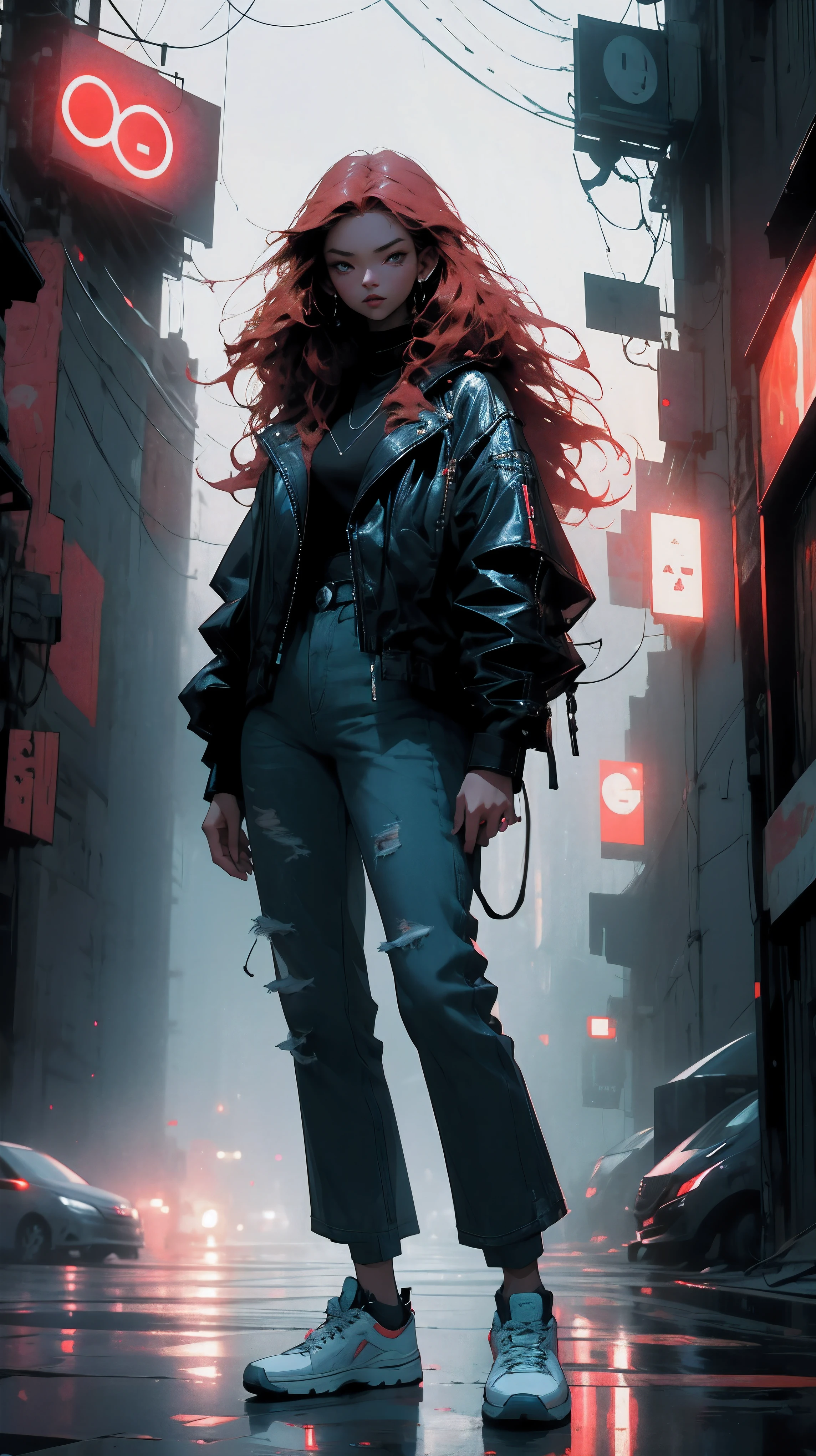 young asian woman, long curly red hair, black leather jacket, black t-shirt, blue jeans, white sneakers, foggy night asian street, neon blue signs on the buildings around her; misty atmosphere, casting an ethereal glow that illuminates the woman and the surroundings