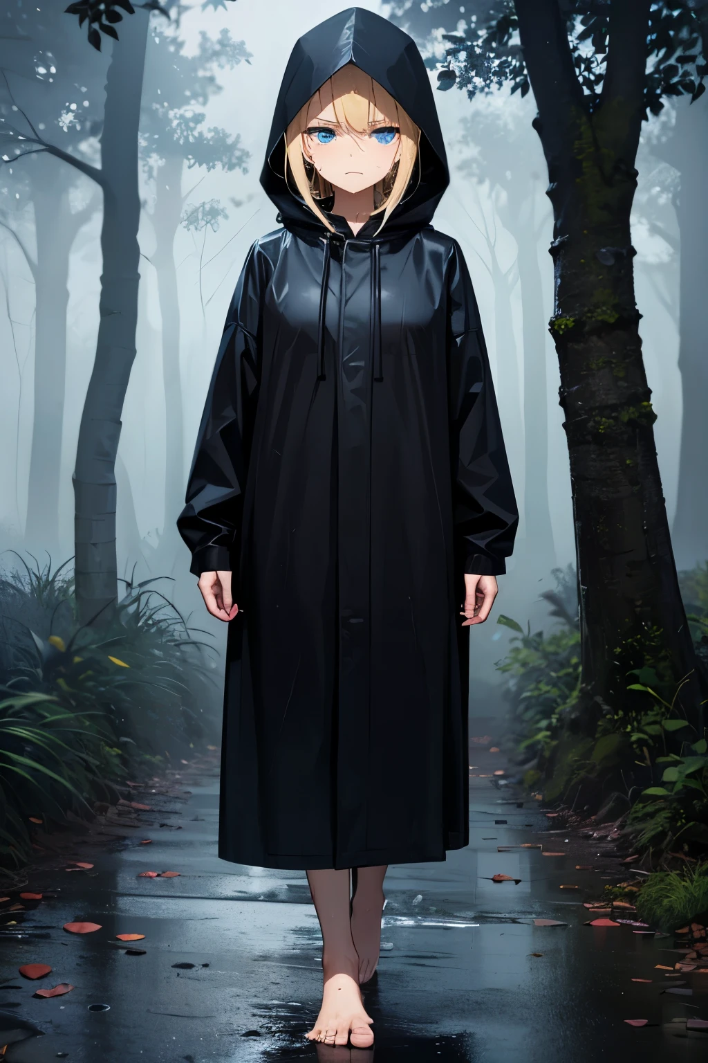 forest,dark,night,rain,long black raincoat,wearing a black hood,barefoot,1 girl,blonde,blue eyes,serious face,Sweat,wet,walk,