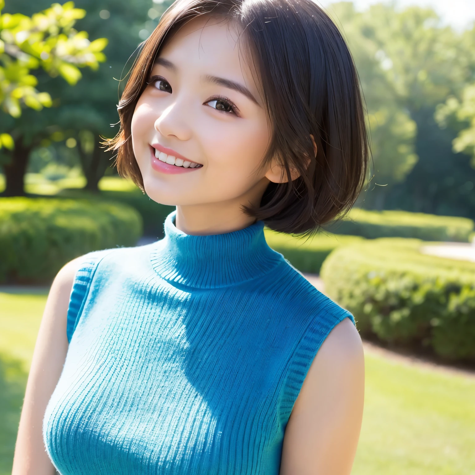 (highest quality、table top、8K、best image quality、Award-winning work)、(10 year old girl:1.)、(Perfect Sleeveless Turtleneck Knit Sweater Dress:1.3)、(short hair:1.1)、(very young girl's face:1.5)、the best smile looking at me、(super huge breasts:1.6)、Exactly、(photo from the chest up:1.1)、(Photo from the side:1.3)、(emphasize body line:1.2)、low length、(glamorous body:1.2)、(Chubby body type:1.2)、(Beautiful park background with strong blur:1.1)、The most natural and perfect beauty park、A perfectly maintained normal park、stand gracefully、Refreshing scenery、natural makeup、Ultra high definition beauty face、(Super high resolution perfect teeth:1.1)、ultra high definition hair、Super high-definition sparkling eyes、(Super high resolution glossy skin:1.1)、Super high resolution glossy lips、(accurate anatomy:1.1)、(very bright and vivid:1.3)、(Beautiful skin that shines brightly:1.3)