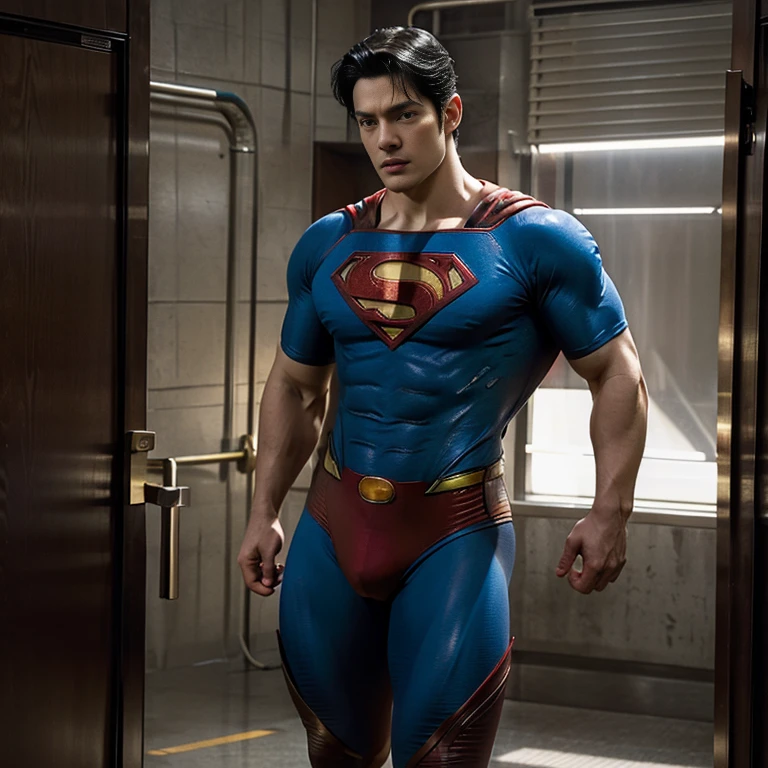 Man body setting,Superman costume tights , (bare thighs ) , sexy , NSFW , eroticism , R18 , seduction, standing , high raise thong , big thighs , fat hips