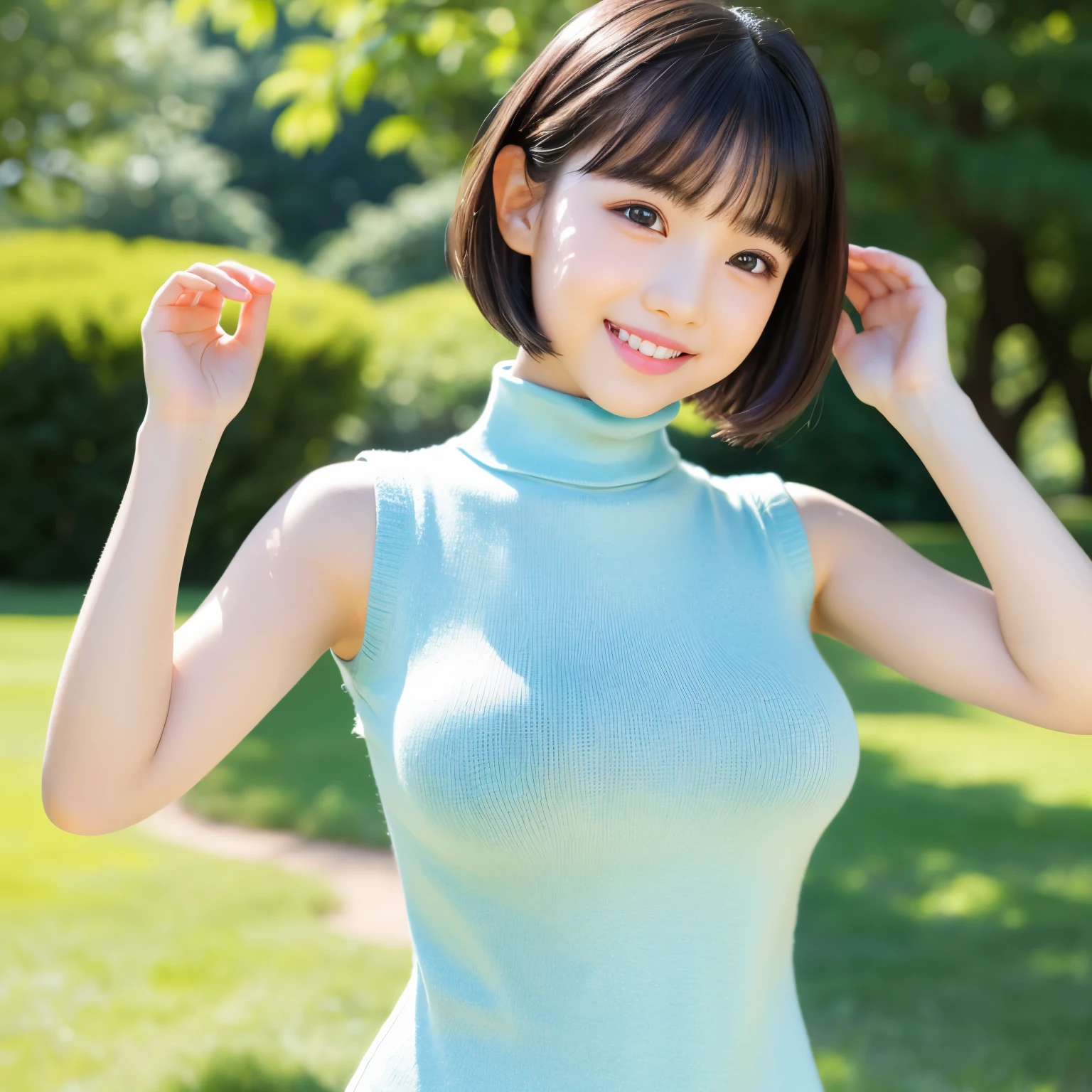 (highest quality、table top、8K、best image quality、Award-winning work)、(10 year old girl:1.)、(Perfect Sleeveless Turtleneck Knit Sweater Dress:1.3)、(short hair:1.1)、(very young girl&#39;s face:1.5)、the best smile looking at me、(super huge breasts:1.8)、Exactly、(emphasize body line:1.2)、low length、(glamorous body:1.2)、(Chubby body type:1.2)、(Beautiful park background with strong blur:1.1)、The most natural and perfect beauty park、A perfectly maintained normal park、stand gracefully、Refreshing scenery、natural makeup、Ultra high definition beauty face、(Super high resolution perfect teeth:1.1)、ultra high definition hair、Super high-definition sparkling eyes、(Super high resolution glossy skin:1.1)、Super high resolution glossy lips、(accurate anatomy:1.1)、(very bright and vivid:1.3)、(Beautiful skin that shines brightly:1.3)