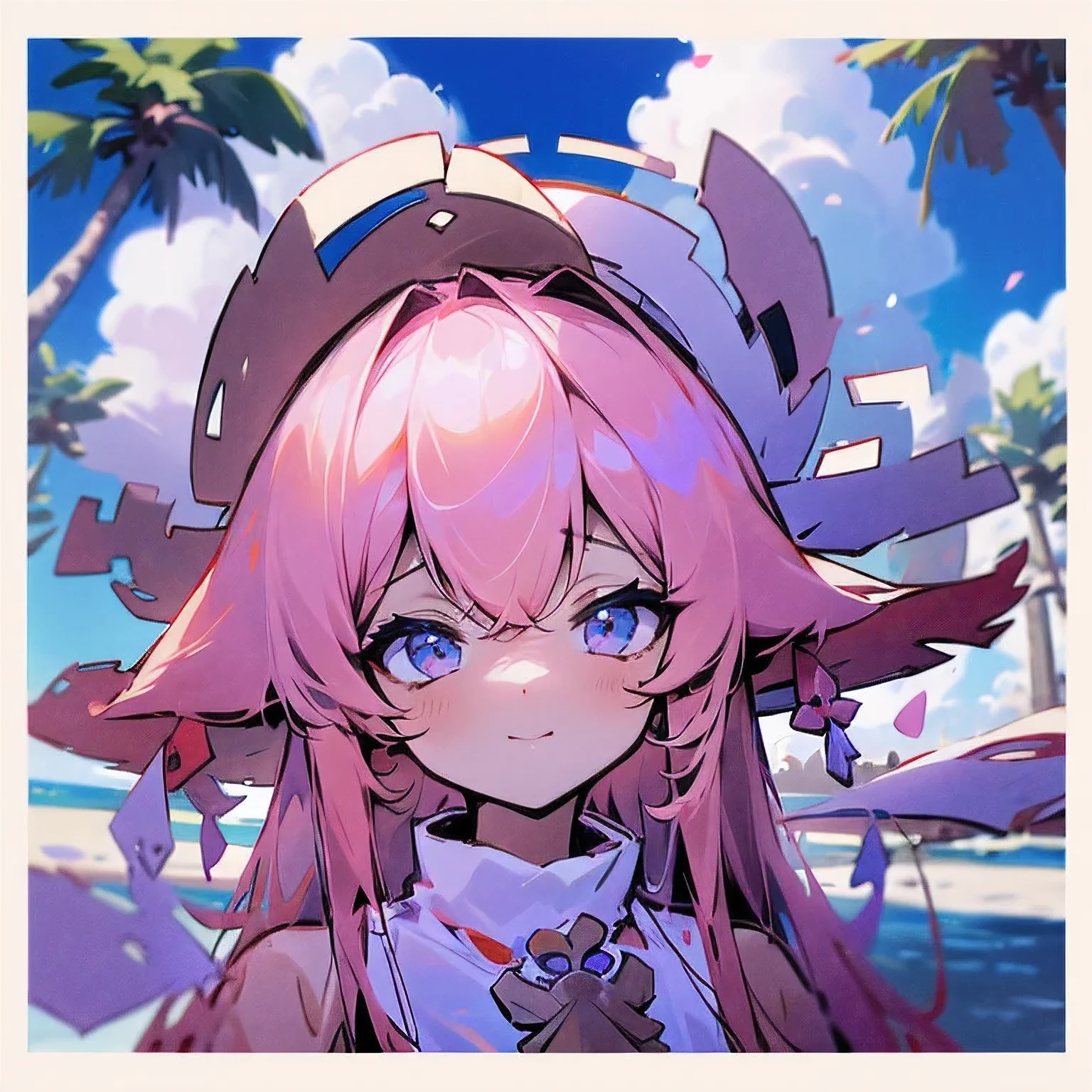 ((Extremely detailed)),, (8K), Best Quality, (Beautiful),((masutepiece)), ((Best Quality)), Beautiful girls,Realistic portraits,a straw fedora hat:1.5, (Ultra-detailed), ((kawaii)), Cute, (lovely),plein air、blured background:1.5、((South Island、Palm trees、Blue Sea、blue open sky、cumulonimbus clouds))