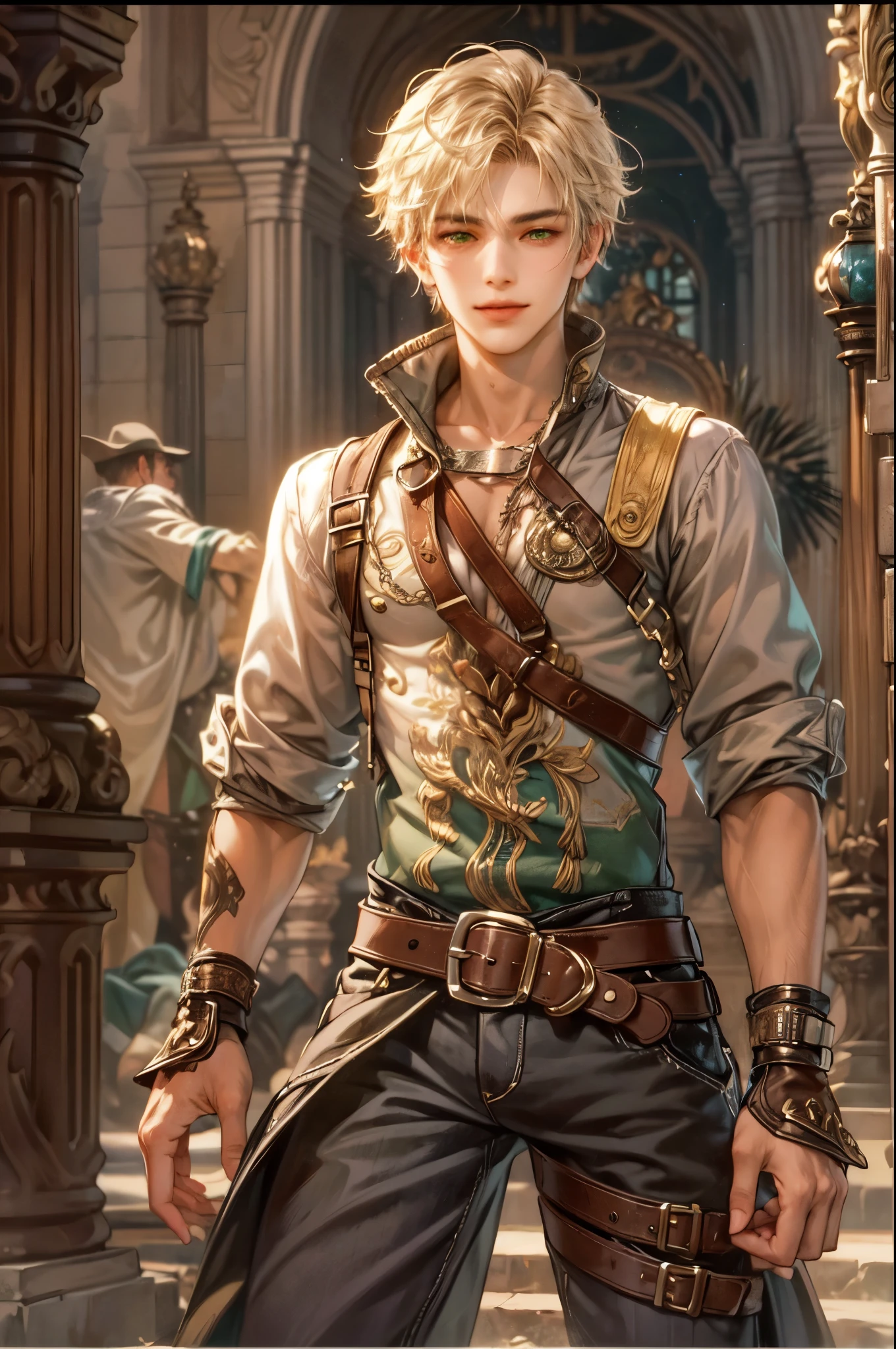 Portrait of the highest quality - 1 boy., , teenage, character from Final Fantasy XII, short hair, with green eyes, big eyes, town, Solo-focal facial treatment for teenagers, shirtless , Beautiful, smiling, dynamic pose, detailed and correct facial structure, perfect face, extremely detailed, Dynamic angle, cowboy shot, The Most Beautiful Shape, elegant, Bright colors, romanticism, atmospheric. Bright, contrasting colors ! photo portrait of a handsome boy in the highest quality