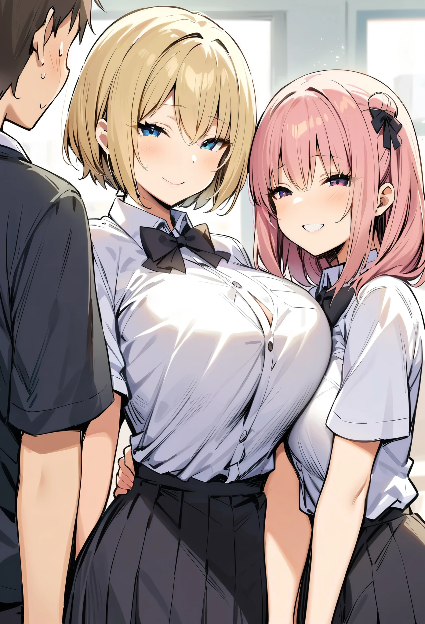 masterpiece, best quality, highres, JK,huge tit,1girl,(1boy,young short boy,male kid:1.4),hug,black bow,black bowtie,blonde hair,bow,bowtie,breasts,hair bun,holding hands,interlocked fingers,long hair,looking at viewer,pink hair,pleated skirt,shirt tucked in,short hair,skirt,smile,tented shirt