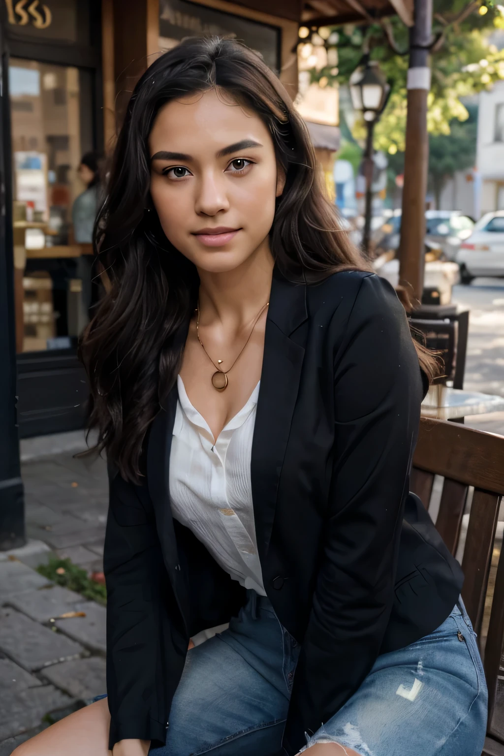 (in 8K, Raw-Photo, best quality, masterpiece:1.2), 1 girls , 20yo, 3/4 body, a beauty, asian, japanese mix, Balkans ancestry, slim normal body, black hair, (wavy hair), long hair,(Show your teeth and smile), looking at viewer, blazers, tucked in shirts, ripped skinny jeans, office outfit, professional look, (beads necklace:1.2), ((The highest quality, 16 k, masterpiece: 1.3)), Biologically Correct Human, reference, detailed faces, detailed lips, detailed eyes, glittering eyes, realistic pupils, brown pupils, outdoor, siting, elegance, at the coffee shop, light on the face, golden hours, ambience light, backlight, summer, people in the background watching, cinematic look, deep depths of field, blurry background