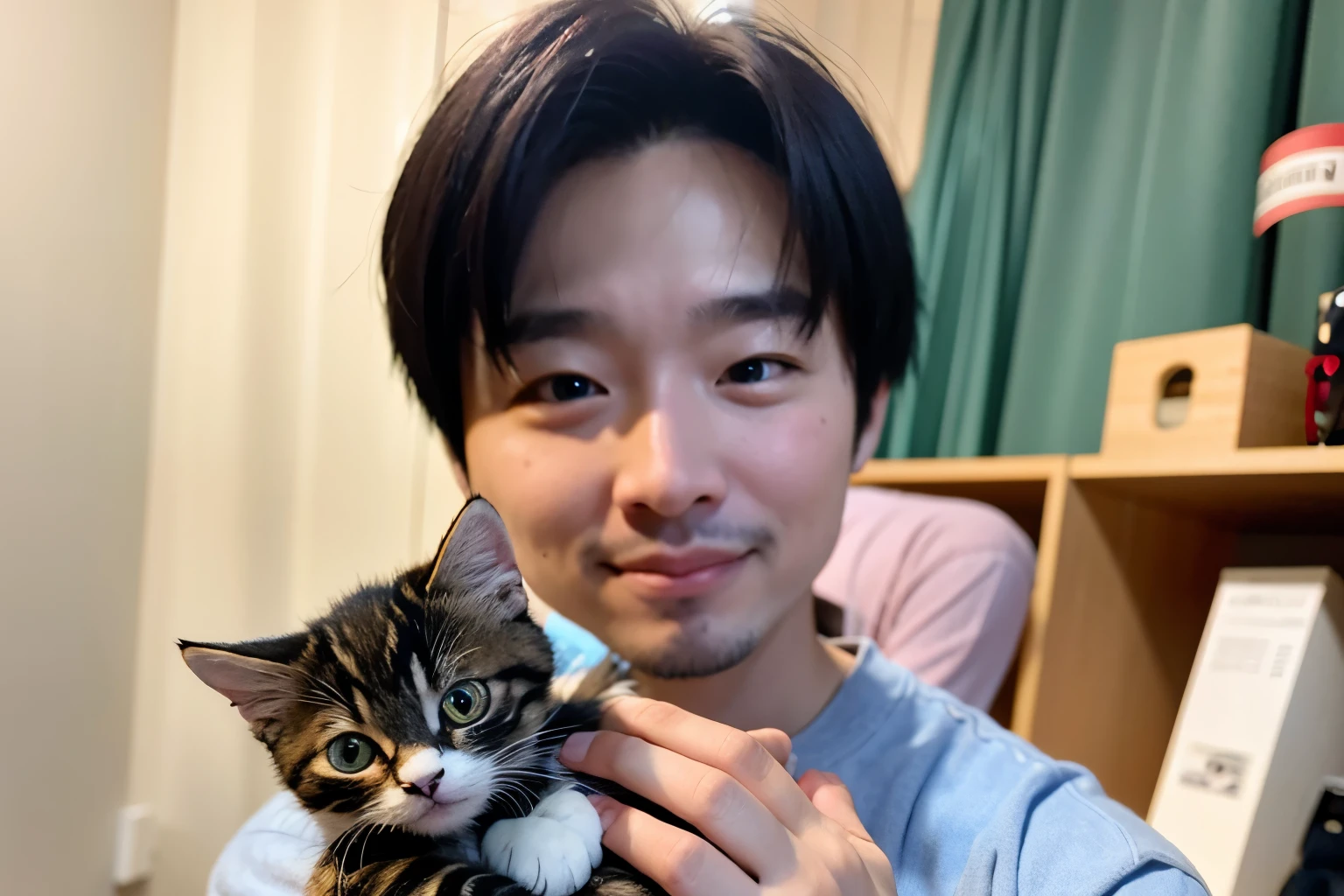 （8K，Raw photo，highest quality，masterpiece：1.2），High-definition RAW color photos，professional photos，（realistic，realistic photo：1.37），cinematic light，1 male，Hold the kitten to your chest with both hands。
