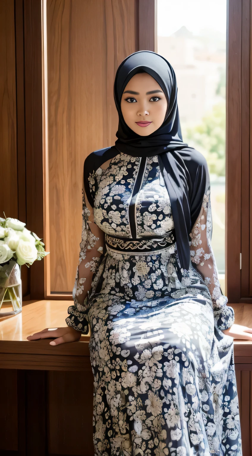 ( Close Up),RAW, Best quality, high resolution, masterpiece: 1.3), beautiful Malay woman in hijab,Masterpiece, perfect fit body, big breast,big gorgeous eyes, Soft smile,beutiful face,thick thighs, sitting, woman in a black and white floral dress standing in front of a green door, modest flowing gown, beautiful soft silky dress, beautiful silky dress, beautiful detailed dress, stylish dress, swirly flower dress, wearing a long flowery dress, full covered dress, delicate patterned, long dress female, frock, flowery dress, baroque dress, lady with glowing flowers dress , (Delicate turtleneck) , shairband, afternoon walk, City garden, Excellent lighting, Bright colors, Clean lines,