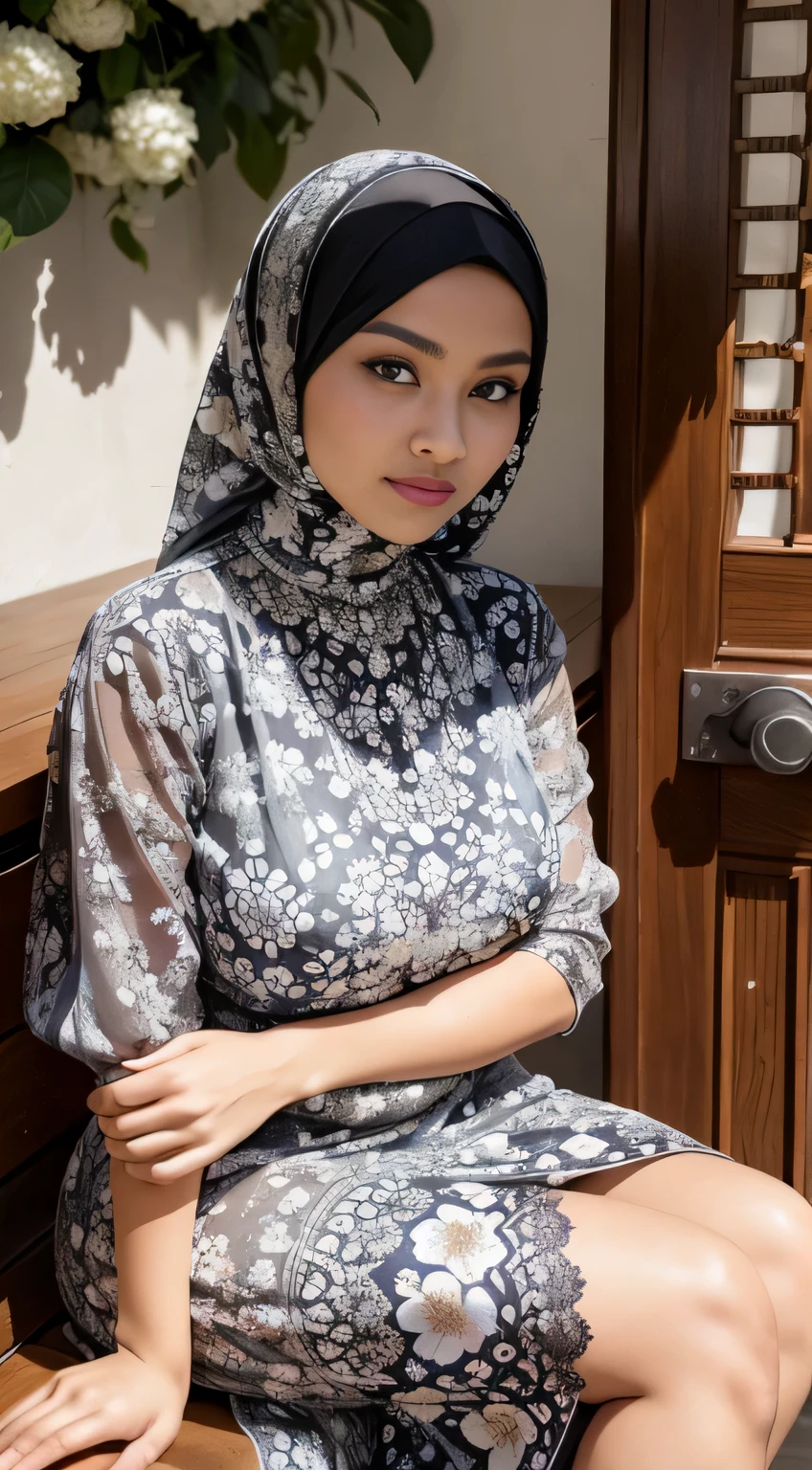 ( Close Up),RAW, Best quality, high resolution, masterpiece: 1.3), beautiful Malay woman in hijab,Masterpiece, perfect fit body, big breast,big gorgeous eyes, Soft smile,beutiful face,thick thighs, sitting, woman in a black and white floral dress standing in front of a green door, modest flowing gown, beautiful soft silky dress, beautiful silky dress, beautiful detailed dress, stylish dress, swirly flower dress, wearing a long flowery dress, full covered dress, delicate patterned, long dress female, frock, flowery dress, baroque dress, lady with glowing flowers dress , (Delicate turtleneck) , shairband, afternoon walk, City garden, Excellent lighting, Bright colors, Clean lines,