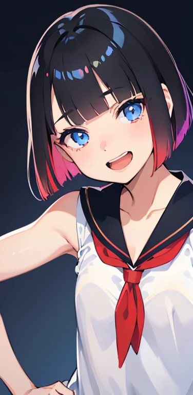 Realistic、1girl、black hair、(blunt bangs:1.3),blue eyes、open stance,(short hair),(eye focus:1.3,upper body),(gradient eyes:1.3),(sailor uniform
)、(Open mouth happy smile:1.3),cute face、,(tareme:1.3),(small breasts:1.3),(colorful background:1.5),colorful