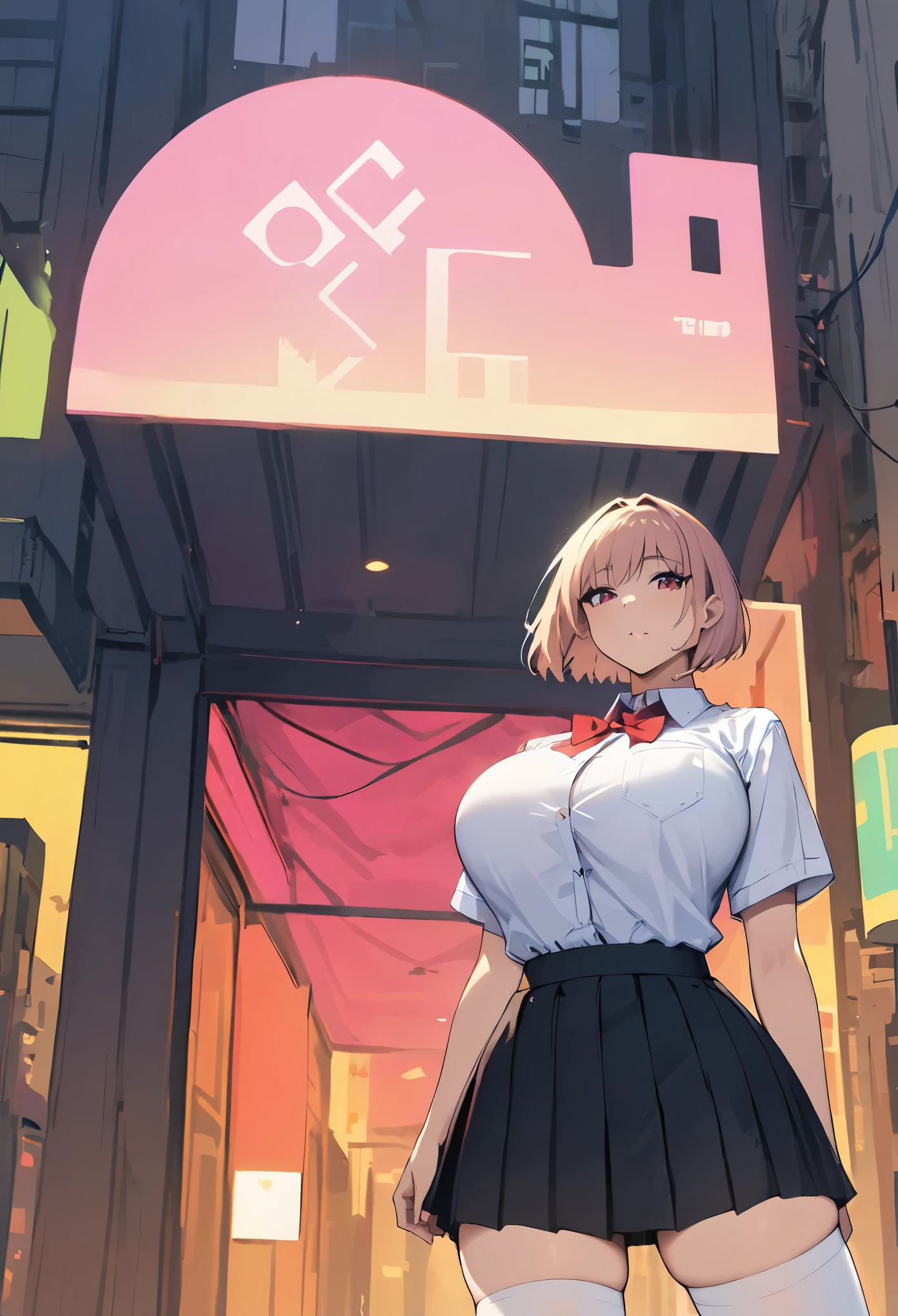 nobody, Cyberpunk City, Street, Night, neon light, neon sign, masterpiece, best quality, highres, JK,huge tit,2girls,multiple girls,pleated skirt,shirt tucked in,short hair,skirt,tented shirt