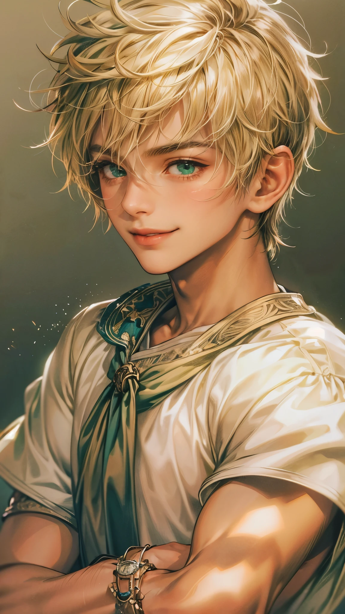 Portrait of the highest quality - 1 boy., , teenage, character from Final Fantasy XII, short hair, with green eyes, big eyes, town, Solo-focal facial treatment for teenagers, shirtless , Beautiful, smiling, dynamic pose, detailed and correct facial structure, perfect face, extremely detailed, Dynamic angle, cowboy shot, The Most Beautiful Shape, elegant, Bright colors, romanticism, atmospheric. Bright, contrasting colors ! photo portrait of a handsome boy in the highest quality