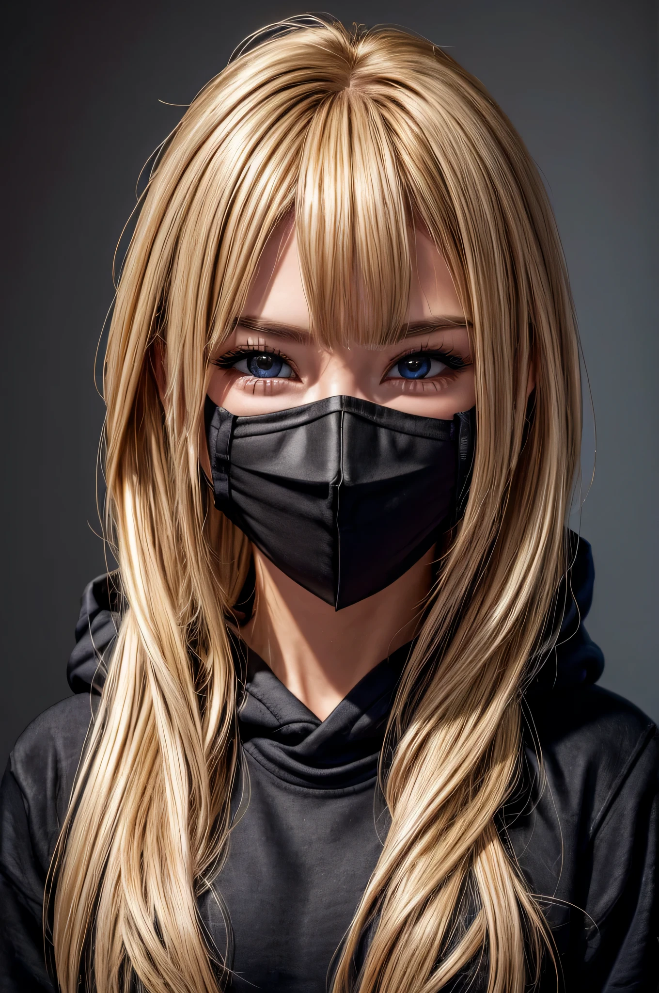 ((mouth black mask))、Highest image quality、8K Masterpiece、ultra high resolution、(Photorealsitic:1.3)、Raw photo、golden hair、glowing skin、medium hair、blonde、hoodie、long hair、Portrait、global illumination、shadow、octane rendering、8K、ultra sharp、very intricate details、realistic light、CG Society Trend、beautiful eyes、shining eyes、facing the camera、neon details、1 boy、beautiful woman's face、evil woman、evil smile、dark、red eyes