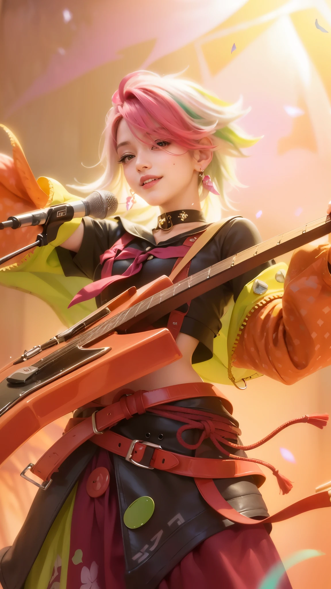 (8k, RAW photo, photorealistic:1.25) ,( lipgloss, eyelashes, gloss-face, glossy skin, best quality, ultra highres, depth of field, chromatic aberration, caustics, Broad lighting, natural shading, looking at viewer with a serene and goddess-like happiness, ultra detailed texture, hyper realistic, detailed texture, detailed face, detailed skin, detailed hair, real hair, detail eyes, detail ear, real ear, cinematic background, a girl with pink hair holding a guitar, smile happy