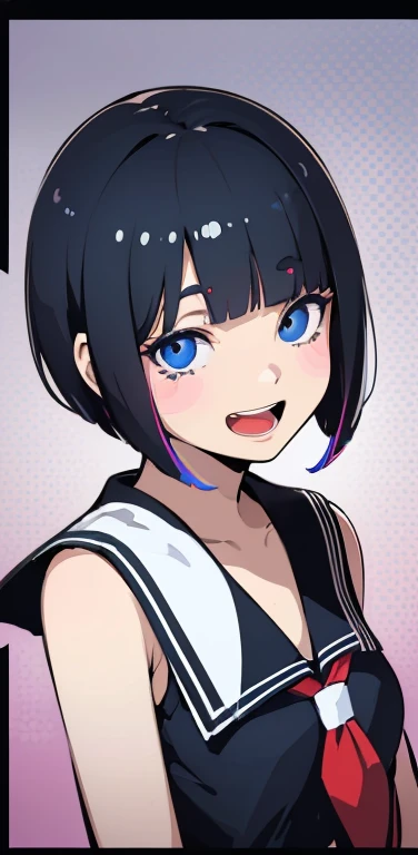 Realistic、1girl、black hair、(blunt bangs:1.3),blue eyes、open stance,(short hair),(eye focus:1.3,upper body),(gradient eyes:1.3),(sailor uniform
)、(Open mouth happy smile:1.3),cute face、,(tareme:1.3),(small breasts:1.3),(pop art, pop color background:1.5),colorful
