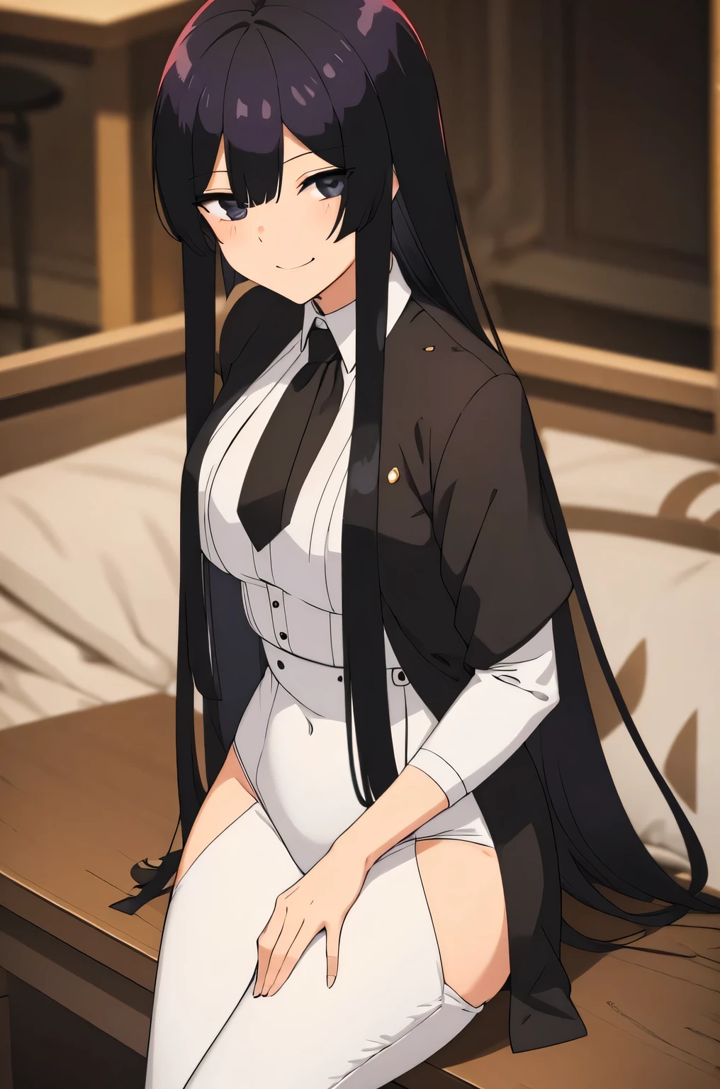 eumi, 1girl, solo, long hair, blunt bangs,bangs, black hair, black eyes, looking at viewer,), beautiful face, detailed face, pretty, long hair, tied hair, hair bang, straight hair bang, detailed eyes, mature woman, mommy, smiling sadistically, evil smile, crazy grin, tie, sitted on chair, black tie, white leotard, office pants, dark gray pants, latex pants, boots, black boots, leather boots, combat boots, red light, blood on face, stains of blood on the