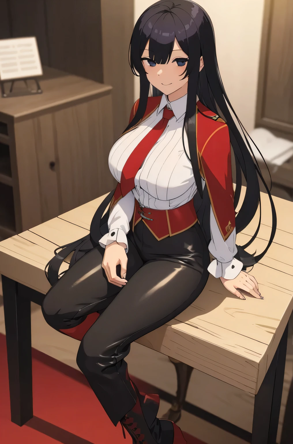 eumi, 1girl, solo, long hair, blunt bangs,bangs, black hair, black eyes, looking at viewer,), beautiful face, detailed face, pretty, long hair, tied hair, hair bang, straight hair bang, detailed eyes, mature woman, mommy, smiling sadistically, evil smile, crazy grin, tie, sitted on chair, black tie, white leotard, office pants, dark gray pants, latex pants, boots, black boots, leather boots, combat boots, red light, blood on face, stains of blood on the 
