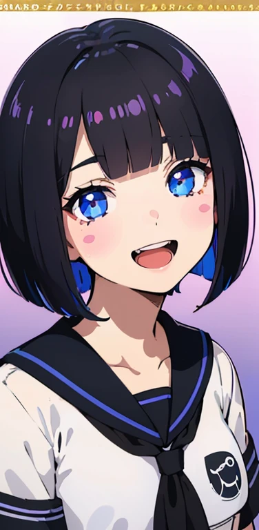 Realistic、1girl、black hair、(blunt bangs:1.3),blue eyes、open stance,(short hair),(eye focus:1.3,upper body),(gradient eyes:1.3),(sailor uniform
)、(Open mouth happy smile:1.3),cute face、,(tareme:1.3),(small breasts:1.3),(pop art, pop color background:1.5),colorful
