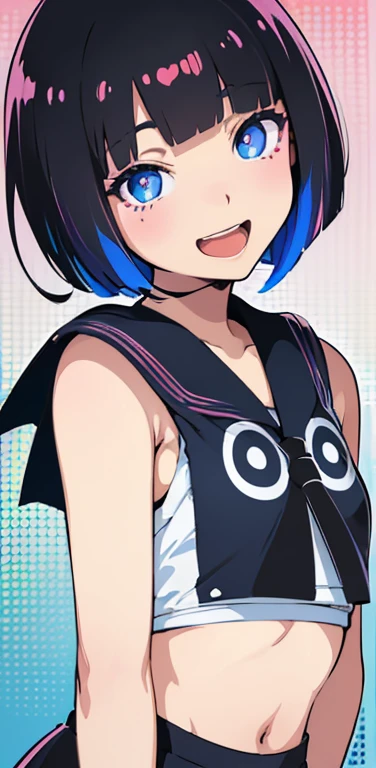 Realistic、1girl、black hair、(blunt bangs:1.3),blue eyes、open stance,(short hair),(eye focus:1.3,upper body),(gradient eyes:1.3),(sailor uniform
)、(Open mouth happy smile:1.3),cute face、,(tareme:1.3),(small breasts:1.3),(pop art, pop color background:1.5),colorful
