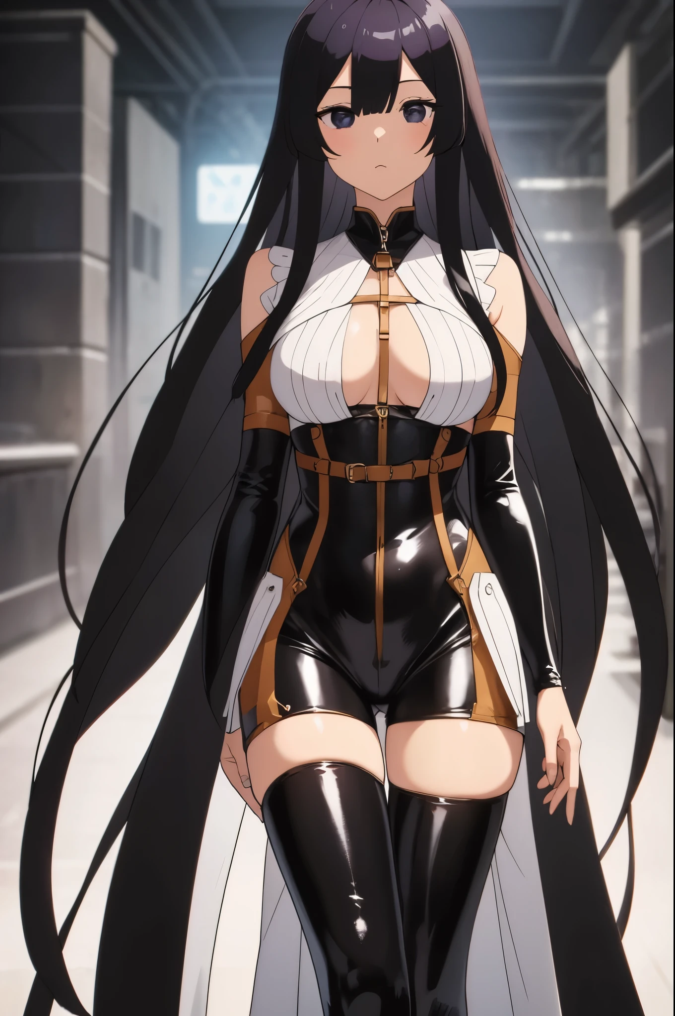 eumi, 1girl, solo, long hair, blunt bangs,bangs, black hair, black eyes, looking at viewer,masterpiece), best quality, expressive eyes, perfect face, anime girl, full-body skin-tight latex catsuit, front facing head-to-thigh view, one picture, dark background, one girl, alone, multi-point full-body harness, realistic harness, perfect harness, high detail harness, white harness, skin-tight harness,