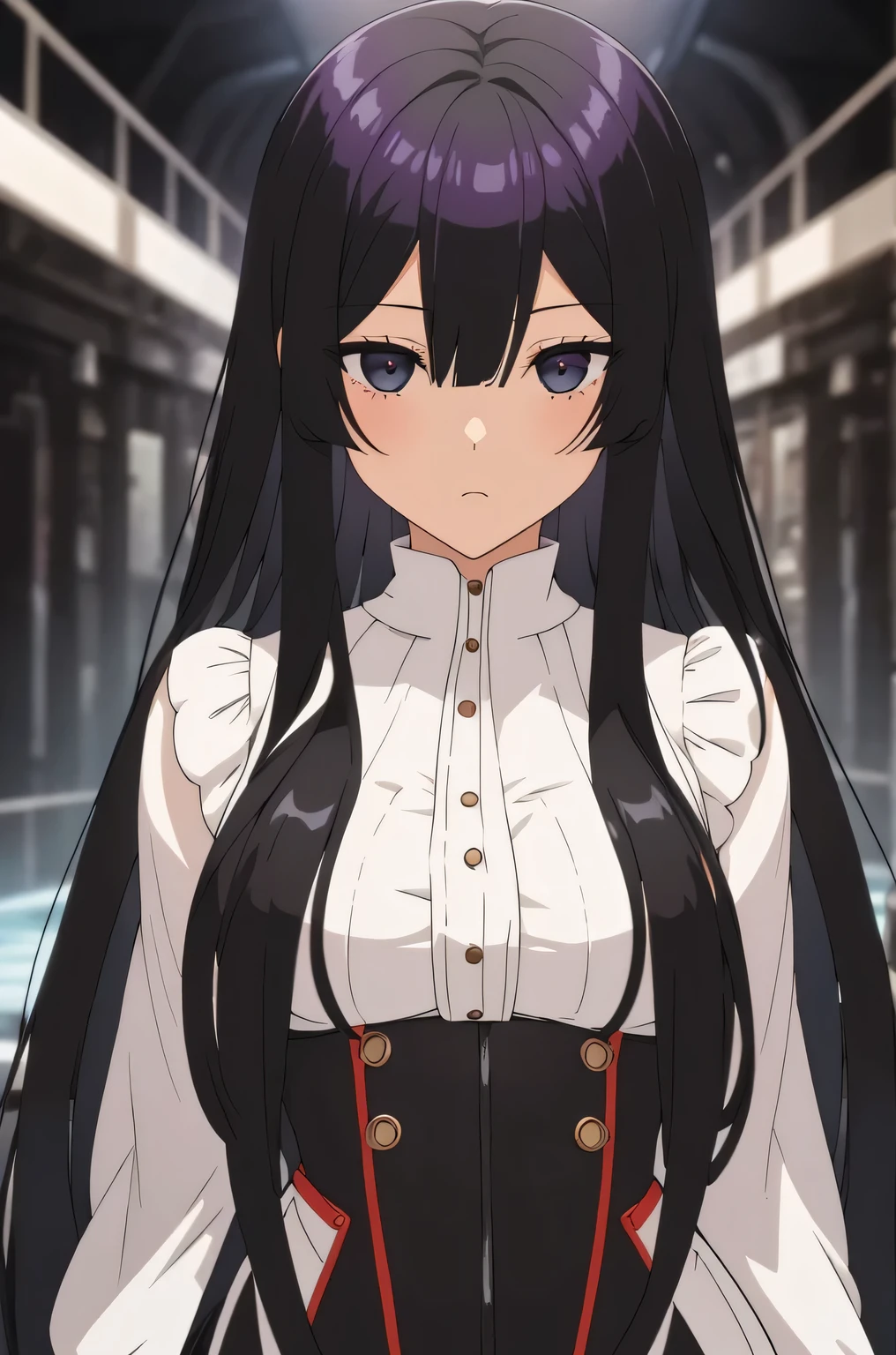 eumi, 1girl, solo, long hair, blunt bangs,bangs, black hair, black eyes, looking at viewer,masterpiece), best quality, expressive eyes, perfect face, anime girl, full-body skin-tight latex catsuit, front facing head-to-thigh view, one picture, dark background, one girl, alone, multi-point full-body harness, realistic harness, perfect harness, high detail harness, white harness, skin-tight harness,