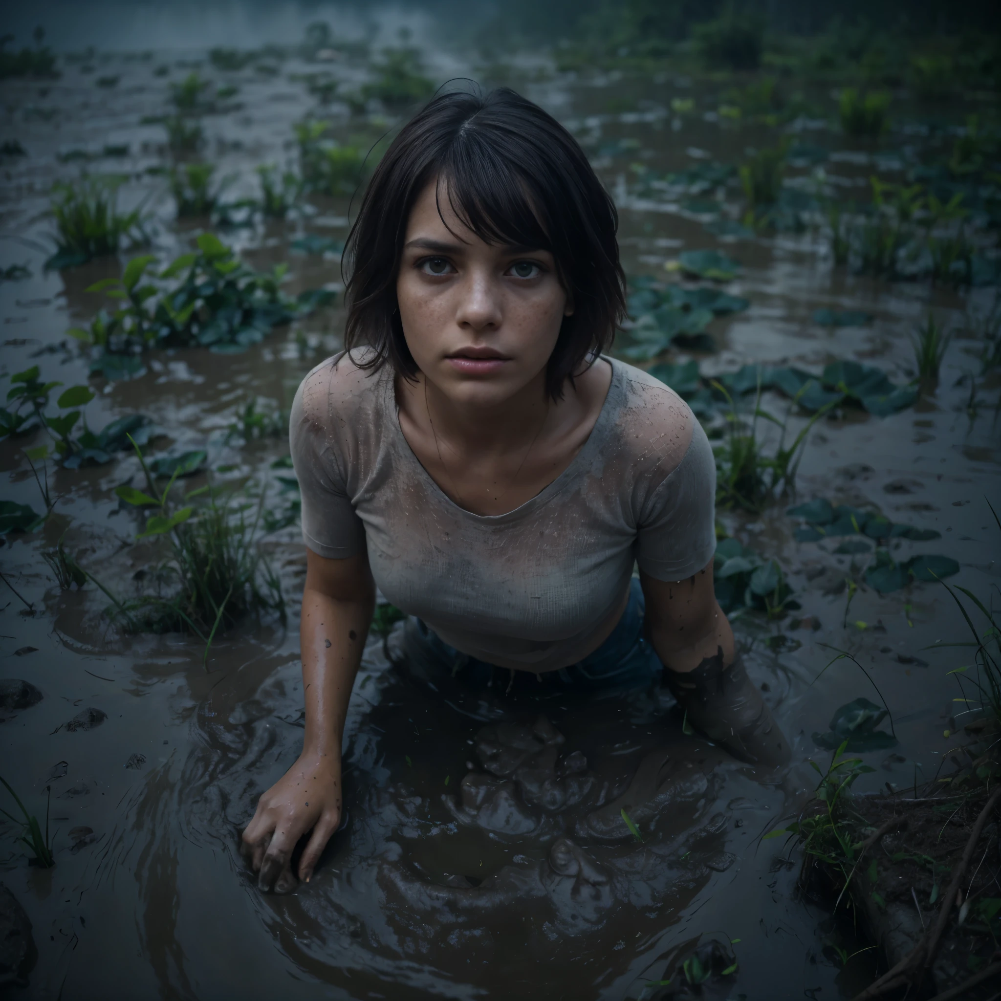 (Best Quality,hight resolution,Masterpiece, Overhead view:1.20),Ultra-detailed,The woman,Wide flares on jeans,sickly,drowning in a swamp,standingn:1.2, fetish, Posing, overcomes shame:1.3, (at the bottom of a mud pit:1.3),gloomy ecstasy:1.3,gritty texture,melancholic expression on his face,mysterious aura,foggy background,Subtle color palette,provocative pose,Strong emotions,Coming Out of the Depths of Despair,Piercing gaze,intense shadows,Plunged in Darkness,Rugged terrain,ominous vibe,A supernatural sensation,asymmetrical bangs, freckles, pink short hair, Bangs, freckles, gray eyes,