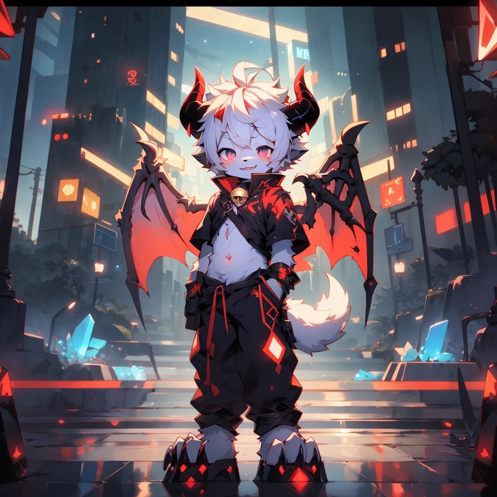 demon wolf boy, Angel Shota, (solo), solo, demon wings, Angel wings, Pure white tones, white hair, streaked hair, red hair, ahoge, short hair, crystal hair, Angel halo, halo, bell, demon horns, forehead mark, Face with Band-Aid, hollow eyes, star-shaped pupils, wince, devil pupils, wolf ears, dog ears, fangs, raised eyebrow, claws, Digitigrade, Succubus, Succubus Neon Tattoo, devil tail, Seduction pose, Bifurcated tongue, Lick lip, short sleeves, exposed belly, neon city, Sci-fi sense, street, chiaroscuro, anaglyph, vignetting, UHD, masterpiece, ccurate, super detail, best quality, highres, 8k