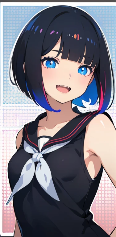 Realistic、1girl、black hair、(blunt bangs:1.3),blue eyes、open stance,(short hair),(eye focus:1.3,upper body),(gradient eyes:1.3),(sailor uniform
)、(Open mouth happy smile:1.3),cute face、,(tareme:1.3),(small breasts:1.3),(pop art, pop of color background:1.5),colorful