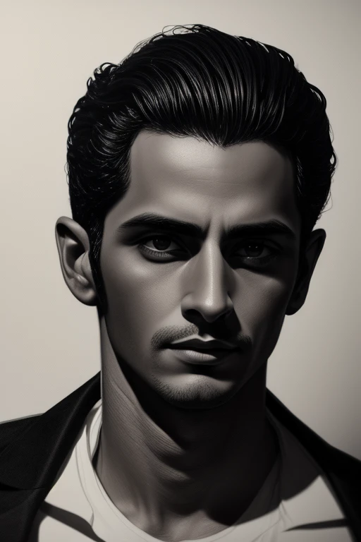 pencil Sketch of a masculin eman 35years old, dark short hair, alluring, portrait by Charles Miano, ink drawing, illustrative art, soft lighting, detailed, more Flowing rhythm, gentleman, low contrast, add soft blur with thin line, black eyes