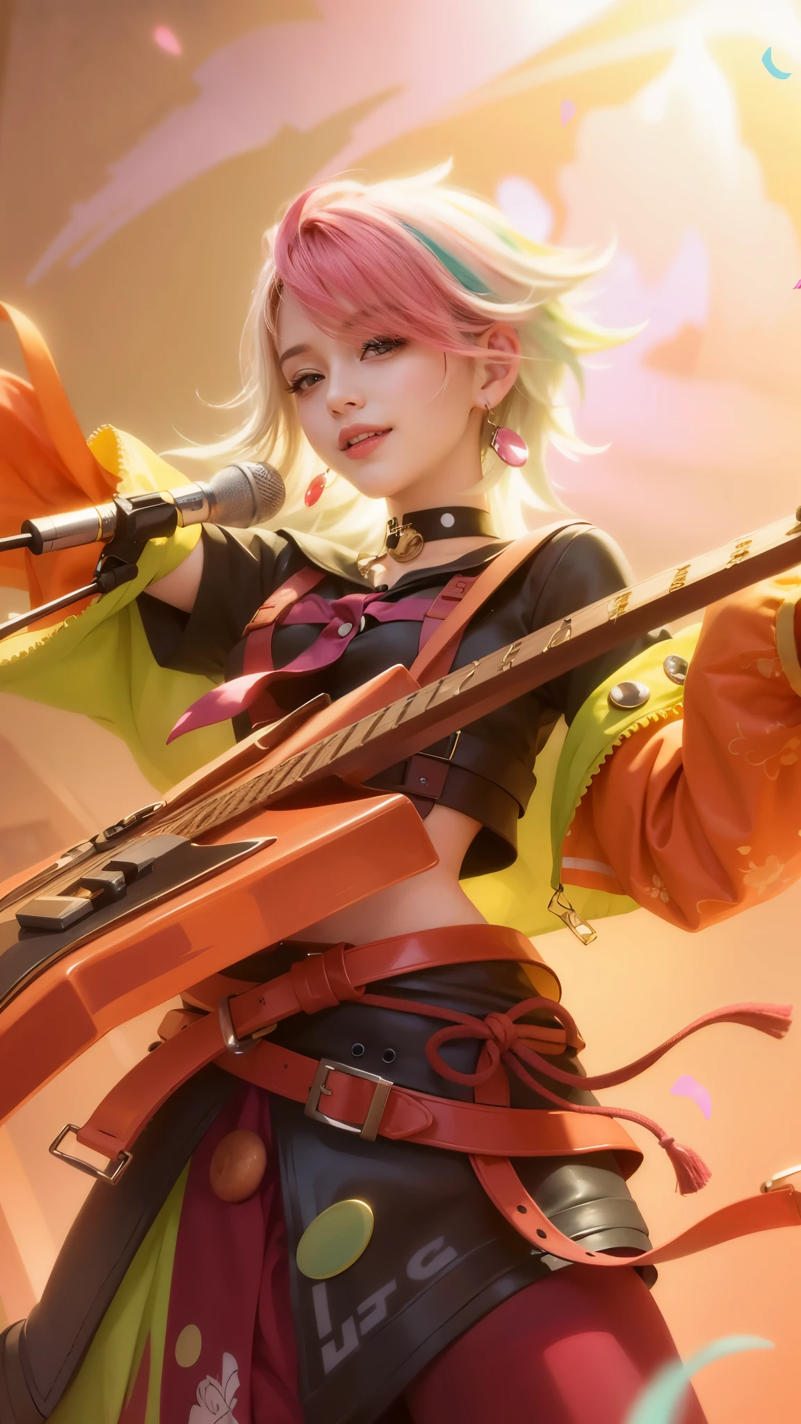 (8k, RAW photo, photorealistic:1.25) ,( lipgloss, eyelashes, gloss-face, glossy skin, best quality, ultra highres, depth of field, chromatic aberration, caustics, Broad lighting, natural shading, looking at viewer with a serene and goddess-like happiness, ultra detailed texture, hyper realistic, detailed texture, detailed face, detailed skin, detailed hair, real hair, detail eyes, detail ear, real ear, cinematic background, a girl with pink hair holding a guitar, smile happy