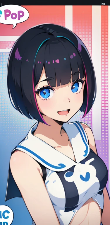 Realistic、1girl、black hair、(blunt bangs:1.3),blue eyes、open stance,(short hair),(eye focus:1.3,upper body),(gradient eyes:1.3),(sailor uniform
)、(Open mouth happy smile:1.3),cute face、,(tareme:1.3),(small breasts:1.3),(pop art, pop of color background:1.5),colorful
