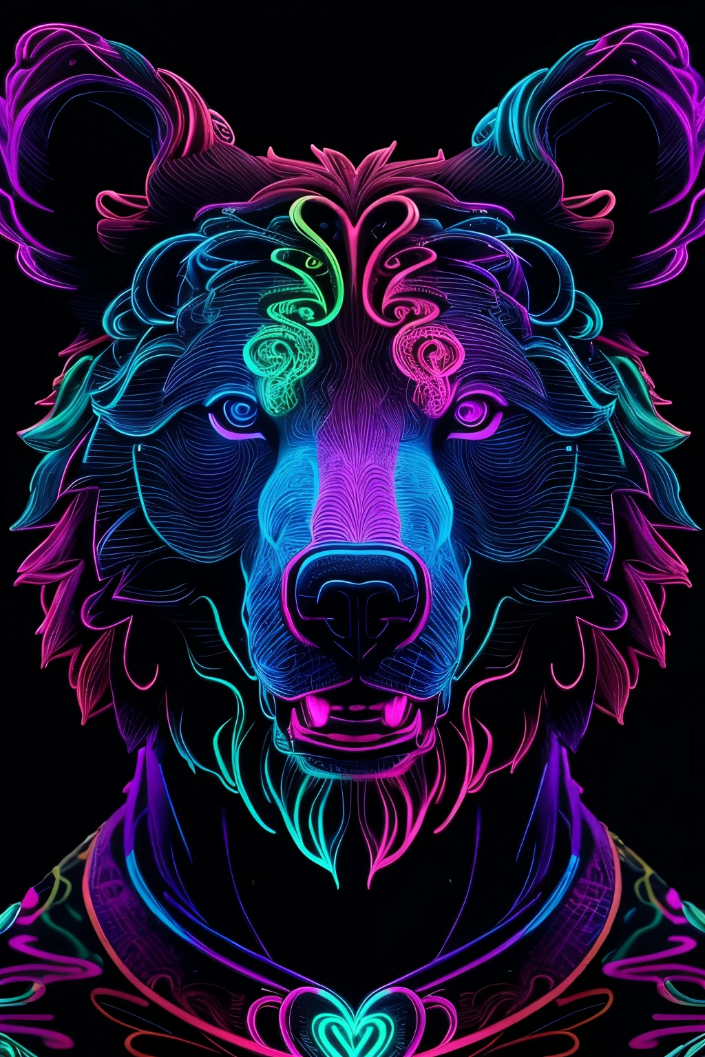 A psychedelic bear head sculpture, vibrant and intricately detailed, glowing with neon colors and swirling patterns, evoking a sense of wonder and imagination, ultra-high definition, 8K.