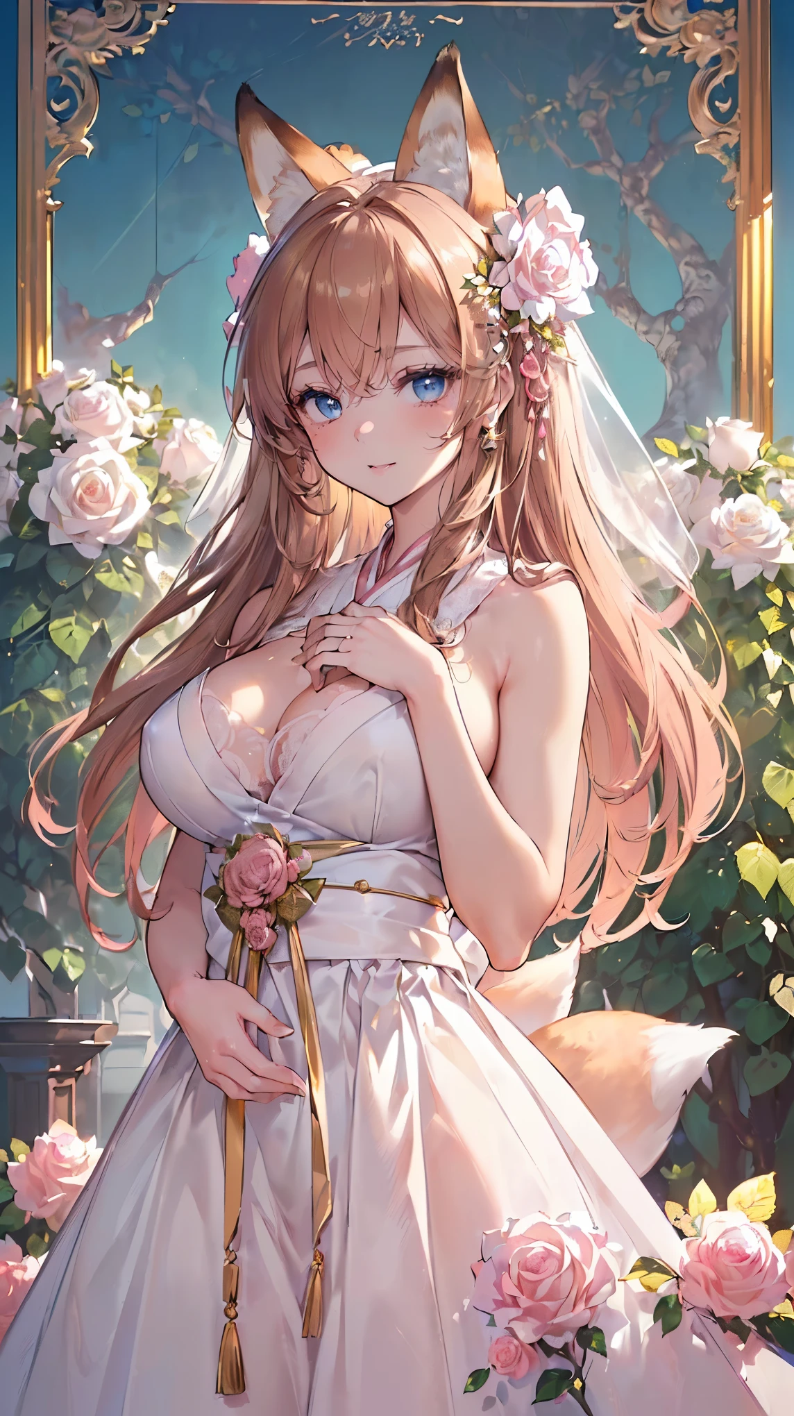(((Masterpiece))), (((Highest quality))), ((Ultra-detailed)), ((Super fine illustration)), ((Ultra-fine painting)), (16K highest quality wallpaper:1.4), (Upper body:1.4), (Highly detailed and delicate illustration style:1.8), Detailed skin texture, Detailed cloth texture, Detailed rose flower texture, Detailed wood texture, Extreme detailed description, (T-masterpiece), (Highly detailed face:1.4), Original, RAW photo, Professional, Intricate details, Super details, Direct light:1.6, (Perfect anatomy:1.4), (Highly detailed hands:1.2), (Highly detailed fingers:1.2), (Highly detailed fingertips:1.2), (27-years-old), Real, (Solo:1.6), ((A very beautiful and attractive fox fashion model who is a messenger of God and a traditional sacred shrine maiden:1.4)) BRAKE (Beautiful and adorable fox ears:1.6), (Highly detailed and delicate fox ears:1.4), (Beautiful and well-shaped big breasts:1.2), (Beautiful and well-shaped buttocks), (Beautiful and shiny golden brown hair:1.6), (Highly detailed and delicate golden brown hair:1.4), (Beautiful clear blue eyes that shine with great detail:1.6), (Highly detailed and delicate blue eyes:1.2), (Highly detailed face:1.4), (Smile:1.4), (Looking at viewer:1.4), (Standing:1.4), (Celebration:1.4) BRAKE ((A beautiful and gorgeous princess dress that is detailed and delicate to be worn at celebratory occasions:1.4)) BRAKE ((Holding in both hands a large bouquet of highly detailed and delicate ((white and pink roses)):1.3)) BRAKE (Just after noon:1.4), (Celebration:1.4), ((Highly detailed and delicate white rose flower and pink rose flower garden background:1.4)), (Highly detailed and delicate royal palace courtyard background in just after noon in spring:1.4) BRAKE