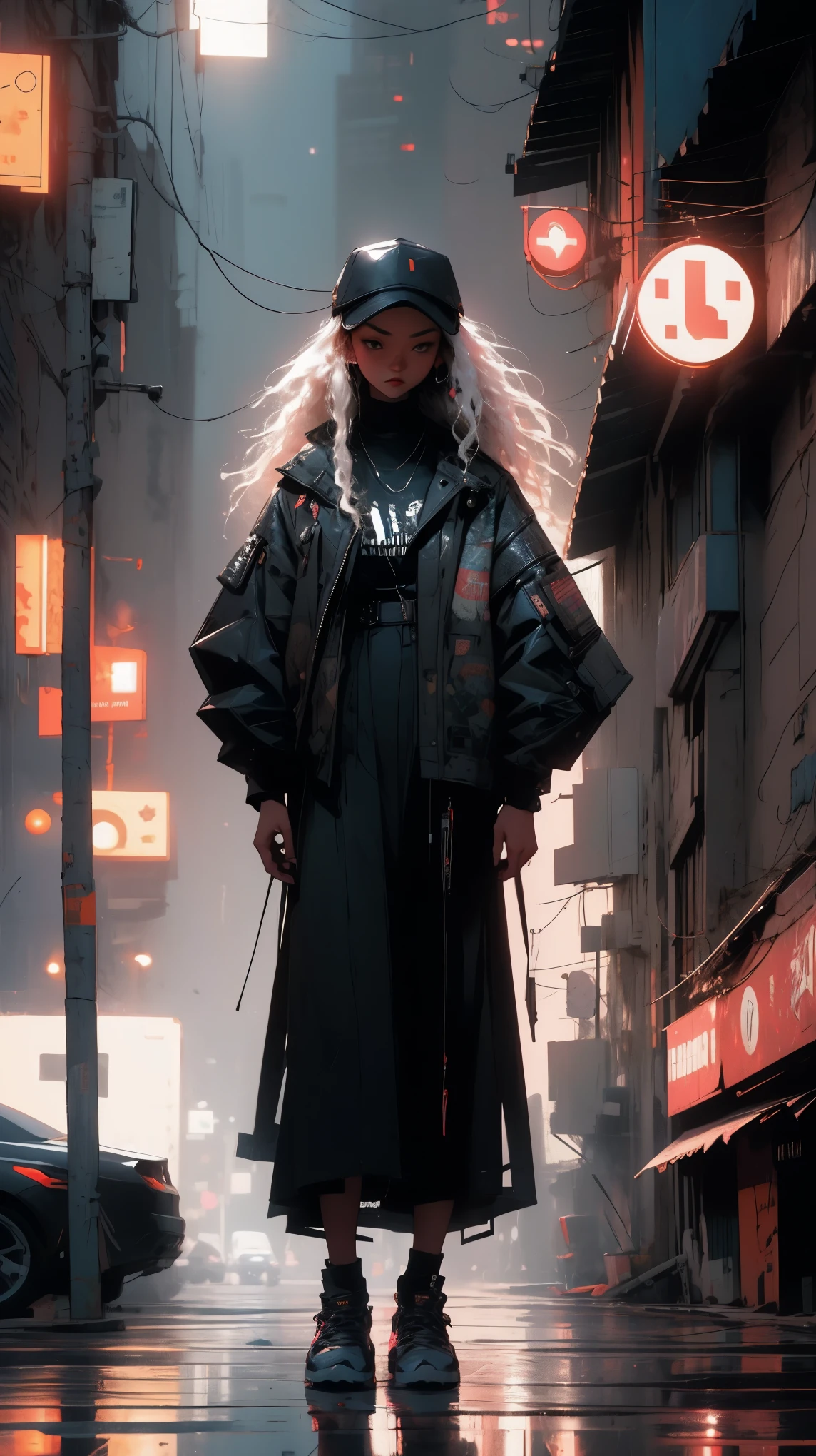 young asian woman, long curly white hair, black leather jacket, black t-shirt, blue jeans, white sneakers, foggy night asian street, neon blue signs on the buildings around her; misty atmosphere, casting an ethereal glow that illuminates the woman and the surroundings