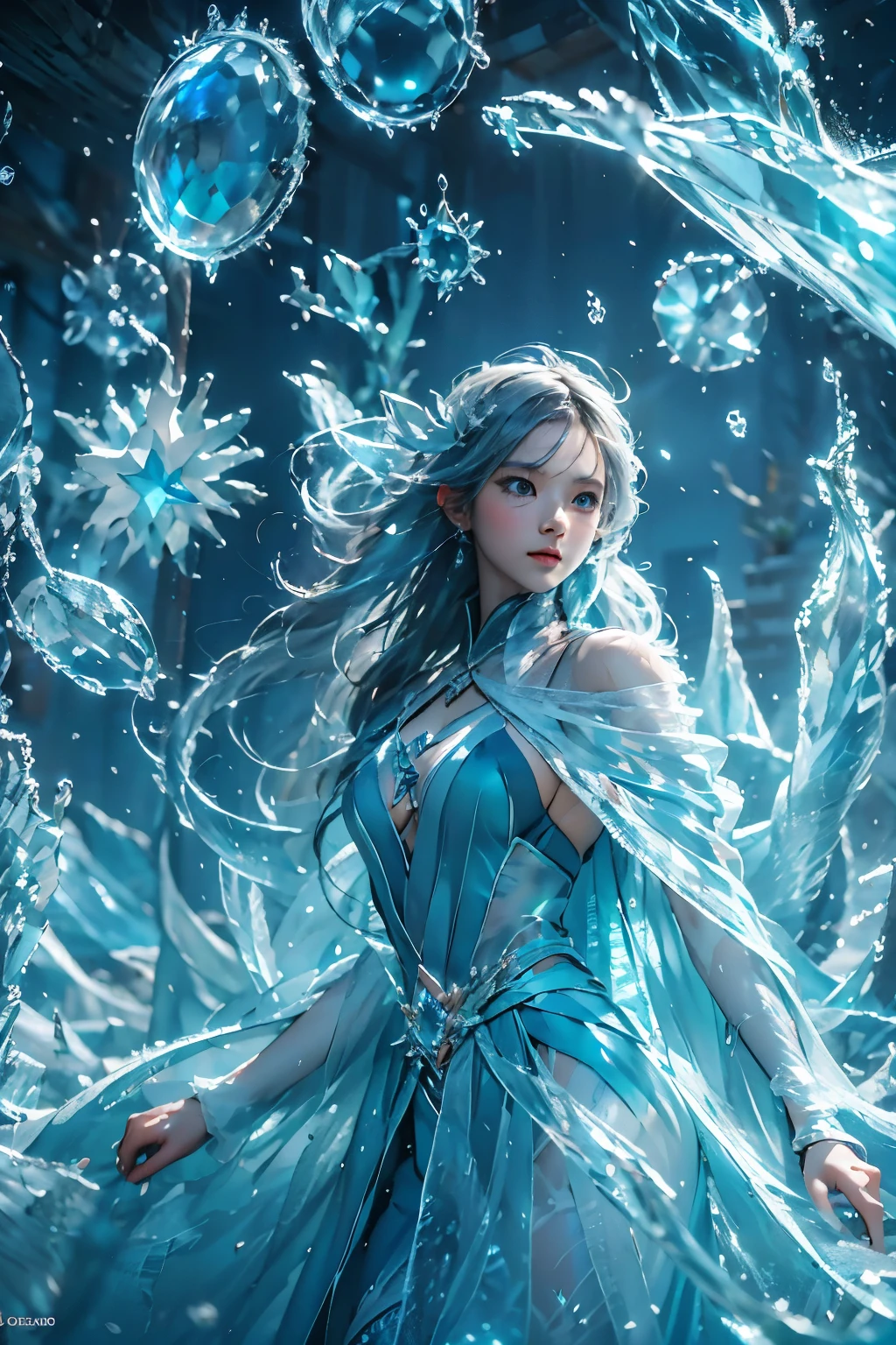 (((1 girl))),dynamic poses,(skirt made of ice:1.5),(magic circle:1.2),magic circle,blue concentric circles,ice crystals,concentric circles of frost,(((icicle))),Ice mist,Ice particle effects,(Ice butterfly:1.2),Amazing results,,best quality,masterpiece,ultra high resolution,detailed,8K resolution,chiaroscuro,NVIDIA RTX