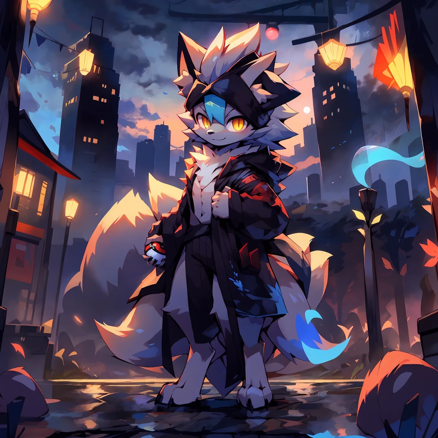 high-quality portrait, Highest definition, dramatic lighting, intricate details, sharp focus, a Ninetales, boy, ((Fake smile))), holding a pokeball, ((( \(parfect anatomy\)))), maple leaf, 9 tails, fluffy mane, golden eyes, short hair, fallen leaf（solo), Full body like, full moon, Modern City, ghost, blue flame, fox fire, night, digitigrade, Standing posture, Pokémon, multi tail, Urban streets, solo, Pokémon Ninetales, Pokémon world, Masterpiece, 16k