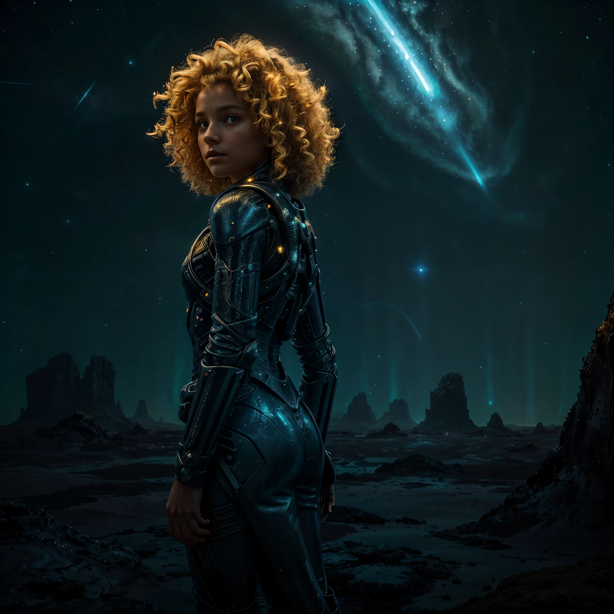 a beautiful girl, standing alone in the expanse of an alien landscape, her golden curls cascading over her shoulders as she scans the luminous and bioluminescent horizon, searching for a sign of life, her eyes gleaming with determination and curiosity as she navigates the unfamiliar terrain.