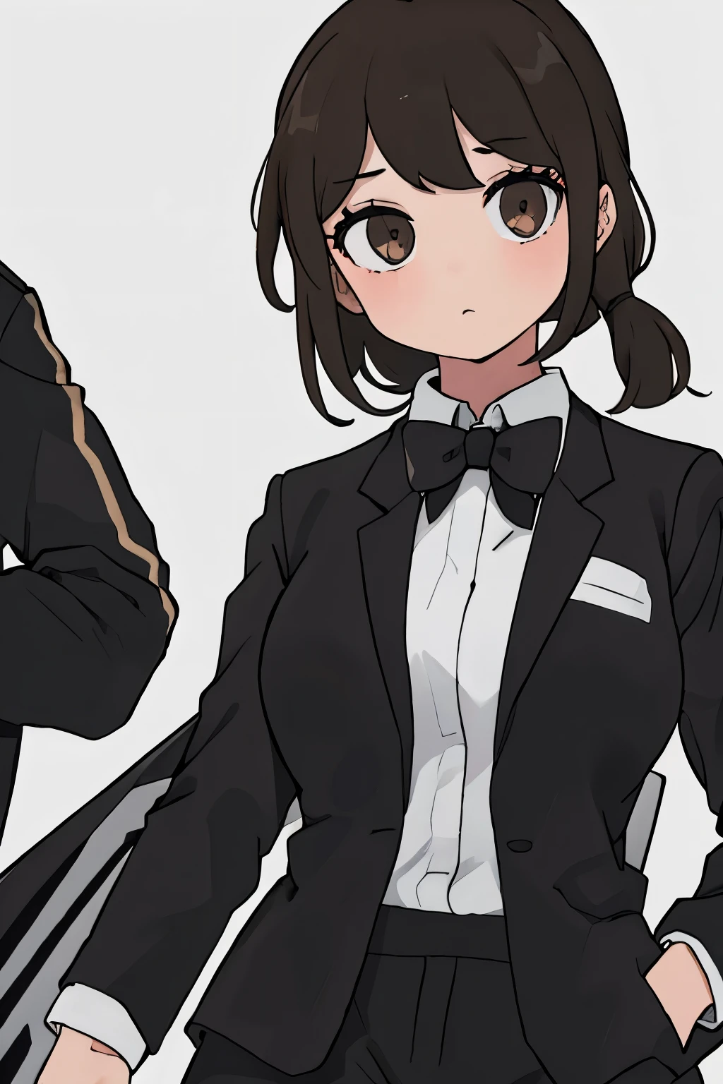 1 Girl,brown hair ,brown eyes , large black open suit, with black tie, and white shirt.