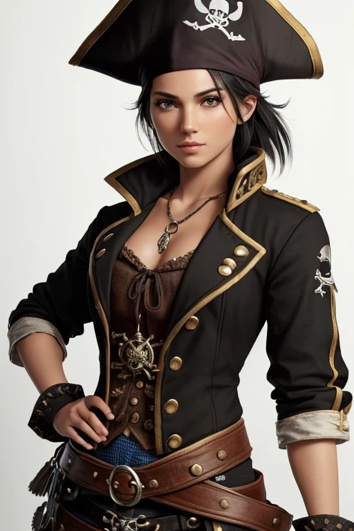 (best quality:1.2,ultra-detailed,realistic:1.37),pirate,outfit with pirate theme,pirate hat,white wall,short black hair