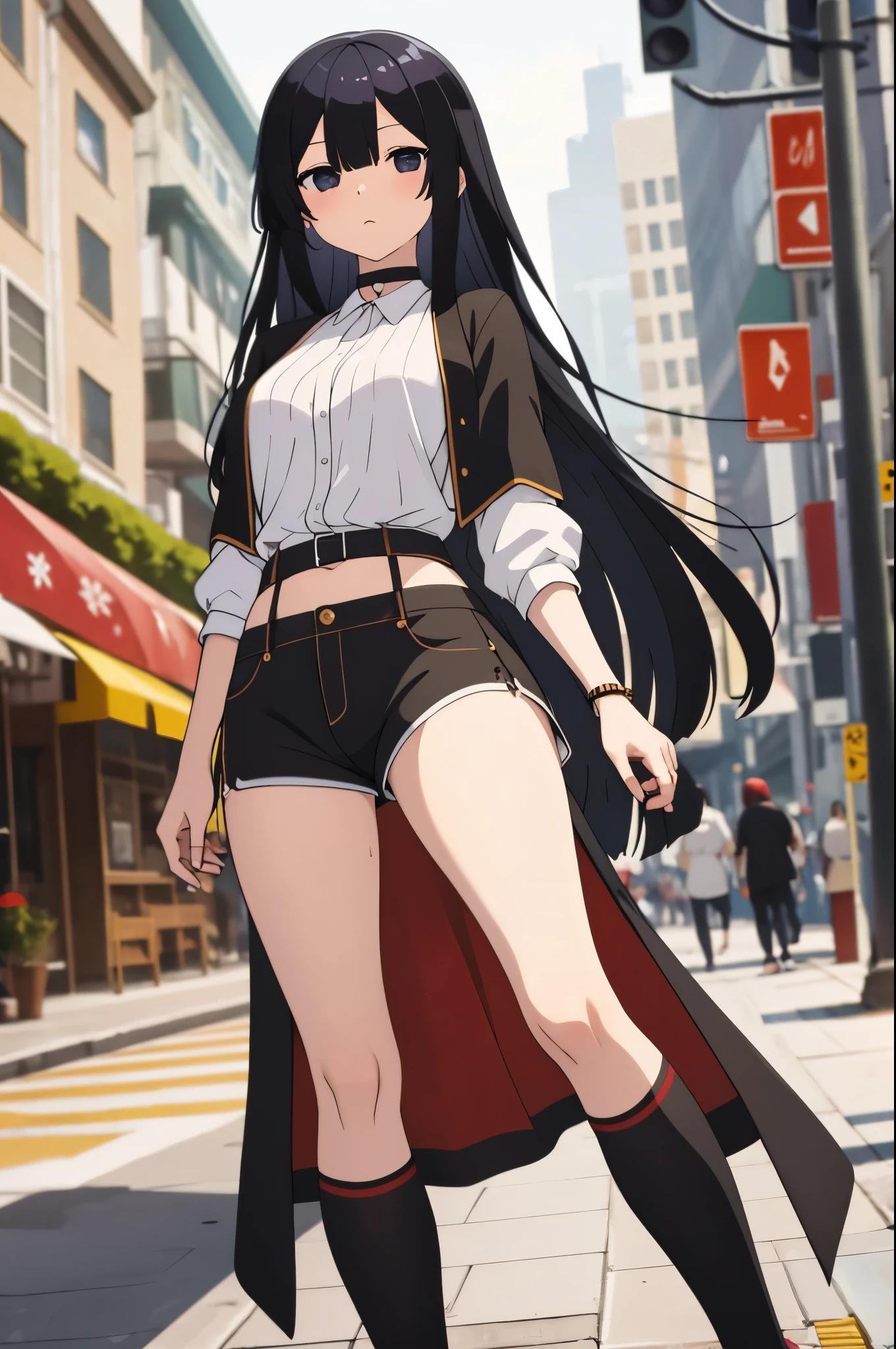 eumi, 1girl, solo, long hair, blunt bangs,bangs, black hair, black eyes,,1girl, medium breasts, makeup, sweat, bob cut, oversized clothes, shorts, choker, looking at viewer, pussy peek, from below, blush, street, navel, shoe soles, boots, leg up, thighhighs,