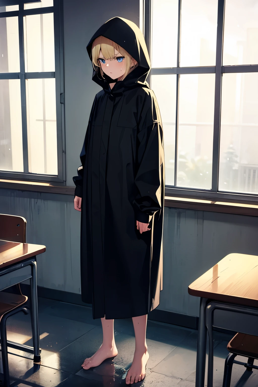 primary school,classroom,dark,the windows are cloudy,long black raincoat,wearing a black hood,barefoot,1 girl,blonde,blue eyes,serious face,Sweat,wet,Are standing