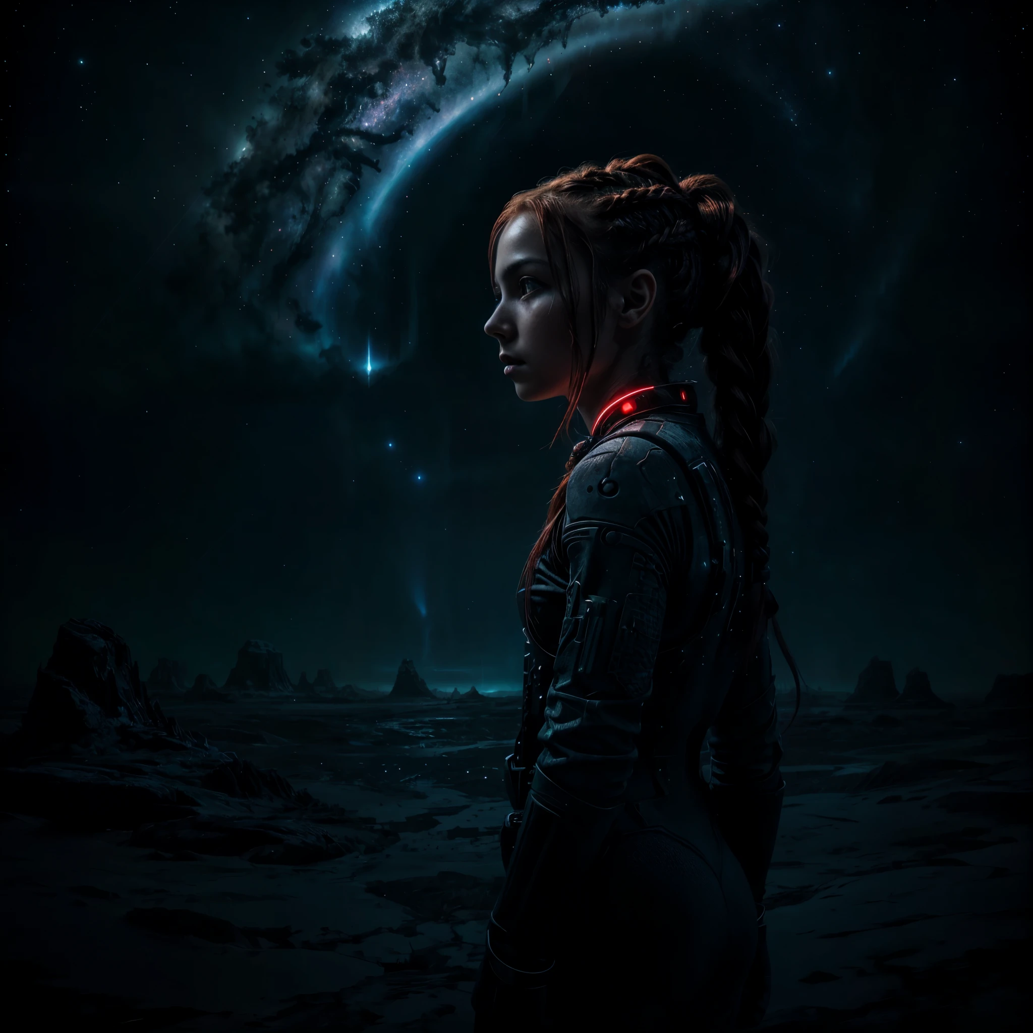 portrait of a beautiful girl, standing alone in the expanse of an alien landscape, her red braid cascading over her shoulders as she scans the luminous and bioluminescent horizon, searching for a sign of life, her eyes gleaming with determination and curiosity as she navigates the unfamiliar terrain.