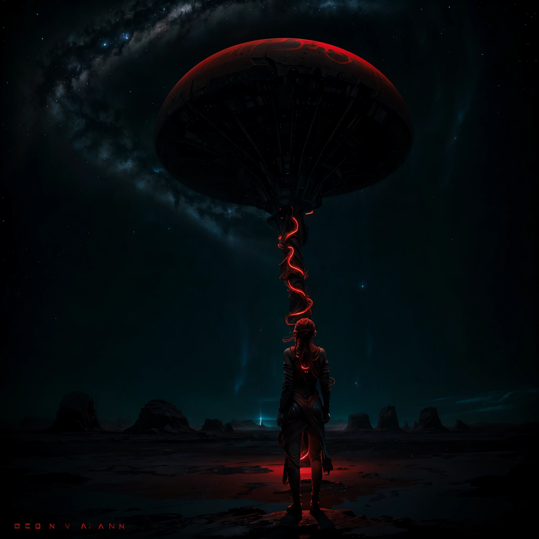 portrait of a beautiful girl, cyborg, standing alone in the expanse of an alien landscape, her red braid cascading over her shoulders, luminous and bioluminescent horizon, (((perfect face))),((perfect eyes))