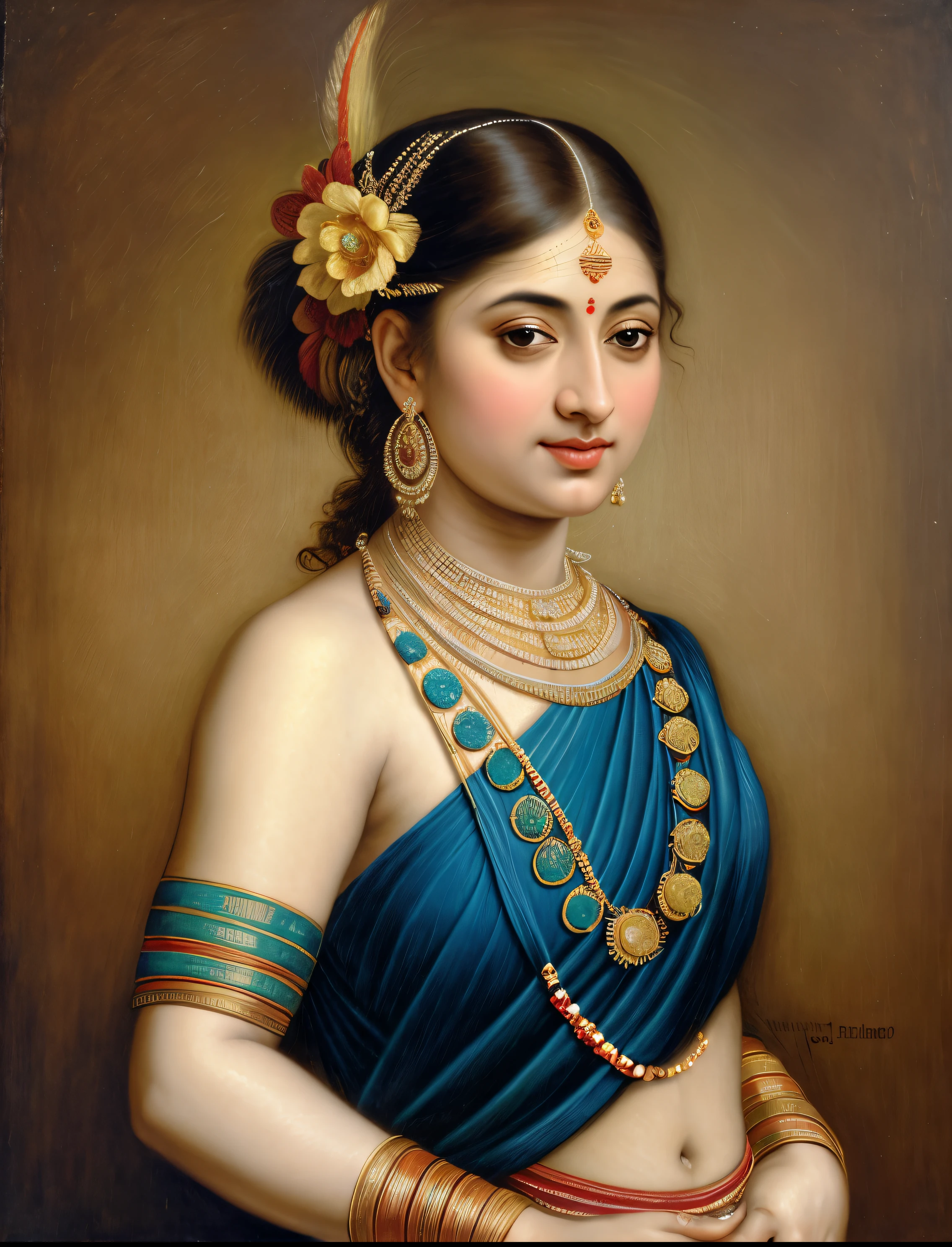 Beautiful Indian Woman, wearing saree, sari Beauty, gorgeous, Apsara, Maharani, royal queen woman, nymph from Hindu Mythology, Urvashi, matchless beauty, Highly detailed, Oil Painting by Peter Paul Rubens inspired by Raja Ravi Varma, Matchless beauty, captivating, gorgeous, heavenly beauty, celestial beauty, by Peter Paul Rubens, 13, realistic, hyper realistic, micro details, incredible artwork, insane details, ultra High resolution, 8k, 32k, acrylic on canvas, intricate, flawless, detailed, detailed face, detailed eyes, masterpiece, by Peter Paul Rubens, by Caravaggio, by William Adolphe bouguereau, perfect face, perfect body, beautiful art, realism, baroque, renaissance Art, highly textured, beautiful and detailed eyes, uhd, best quality,