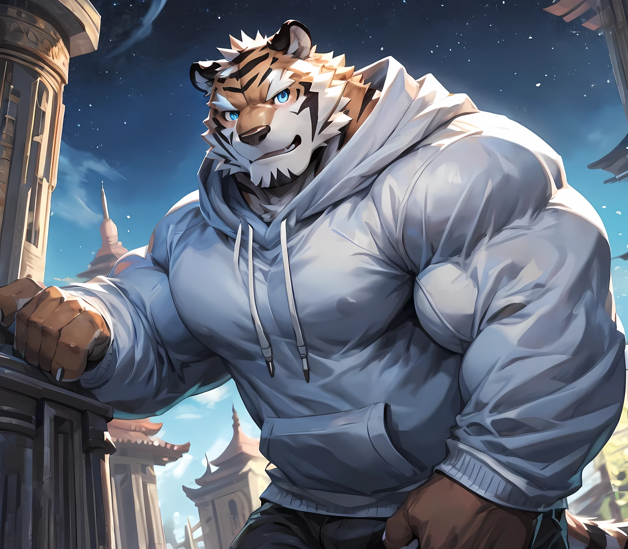 bynamic angle,depth of field, motion blur, absurdres,looking at viewer, (best quality), (masterpiece), (ultra detailed),(detailed eyes),sharp focus,japanese anime,manga,anthro male white tiger,(muscular),big fellow,huge body,((sweatshirt)),sky blue eyes,handsome,night, in tower pillar,(flex one’s biceps),by null-ghost,by traver009,by lindong,by pino daeni