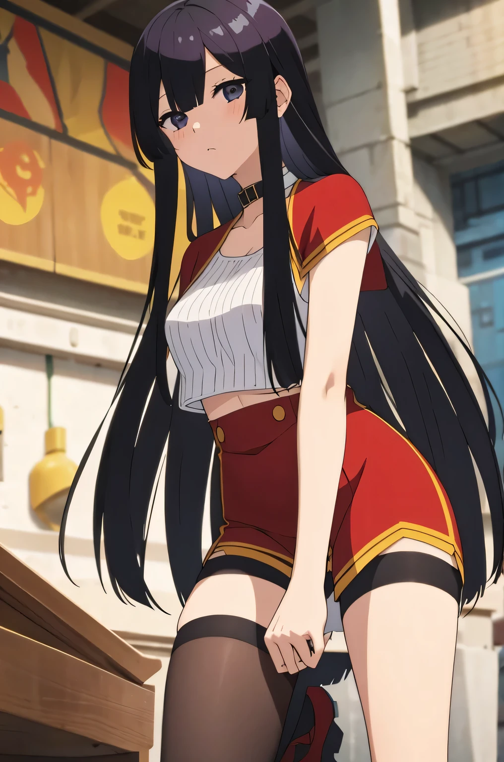 eumi, 1girl, solo, long hair, blunt bangs,bangs, black hair, black eyes,,1girl, medium breasts, makeup, sweat, bob cut, oversized clothes, shorts, choker, looking at viewer, pussy peek, from below, blush, street, navel, shoe soles, boots, leg up, thighhighs,
