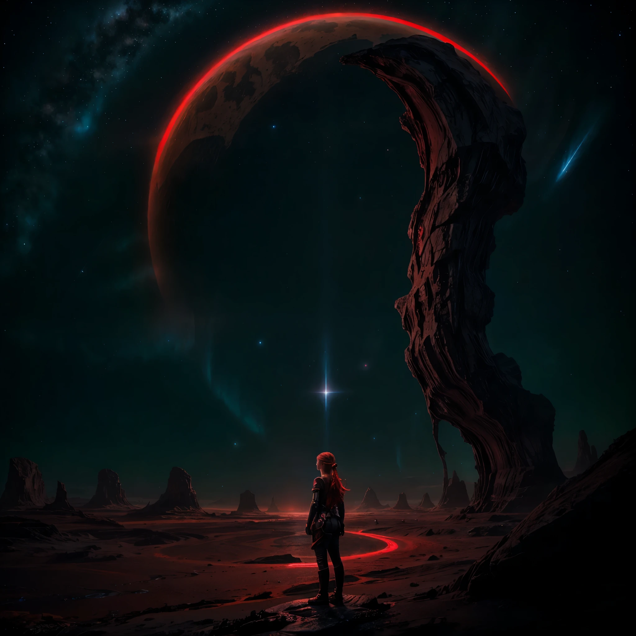 portrait of a beautiful girl, standing alone in the expanse of an alien landscape, her red braid cascading over her shoulders as she scans the luminous and bioluminescent horizon,