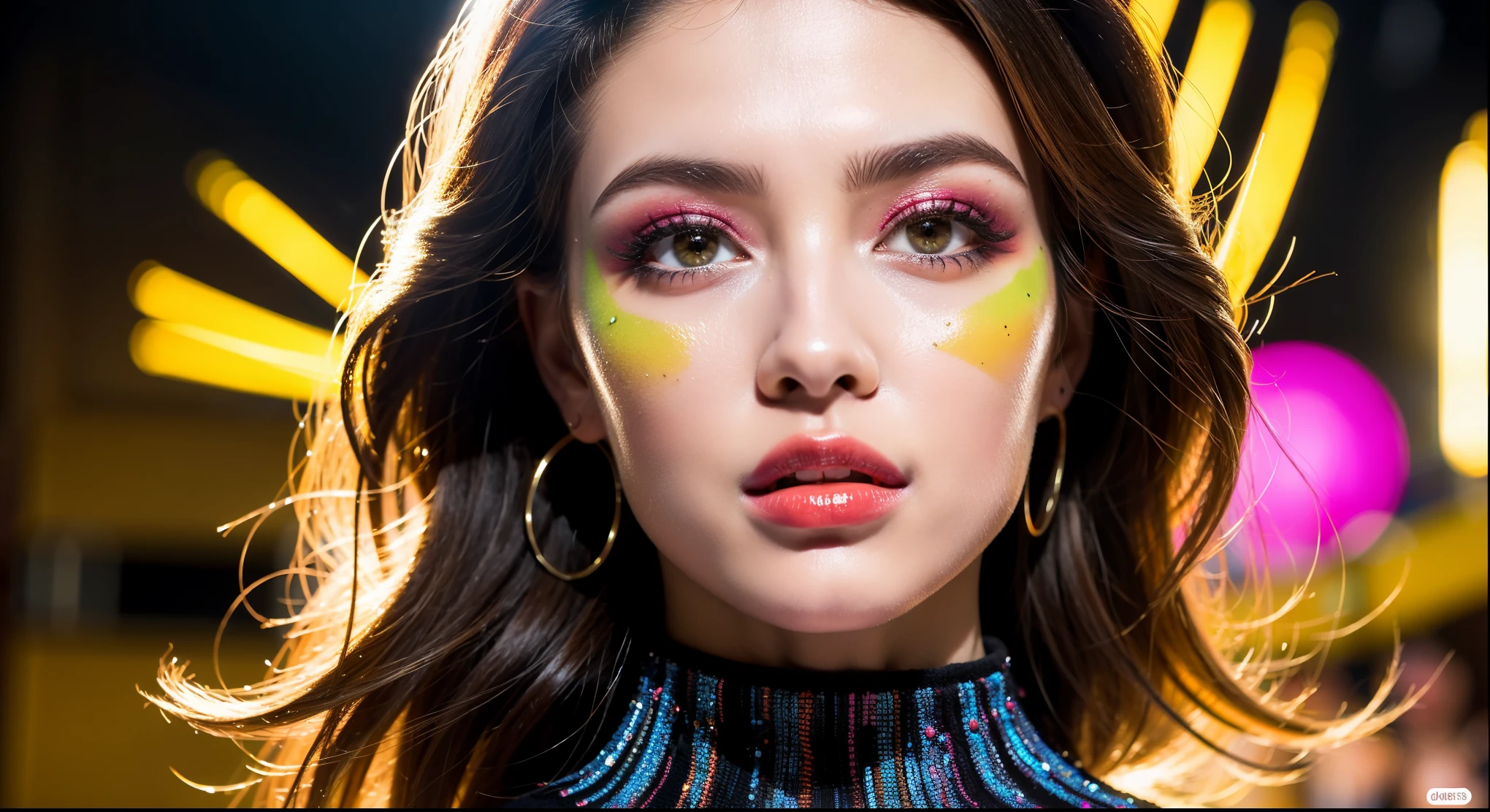 (highres,realistic),(portrait:1.1),(brazilian woman model:1.2),detailed eyes,detailed lips,glowing skin (studio lighting),(fashion show,runway),(vivid colors),(graceful,confident),(colorful garments),(dynamic poses),(exquisite details),(fierce expression),(ambient music),(Brazilian culture),(exciting atmosphere)