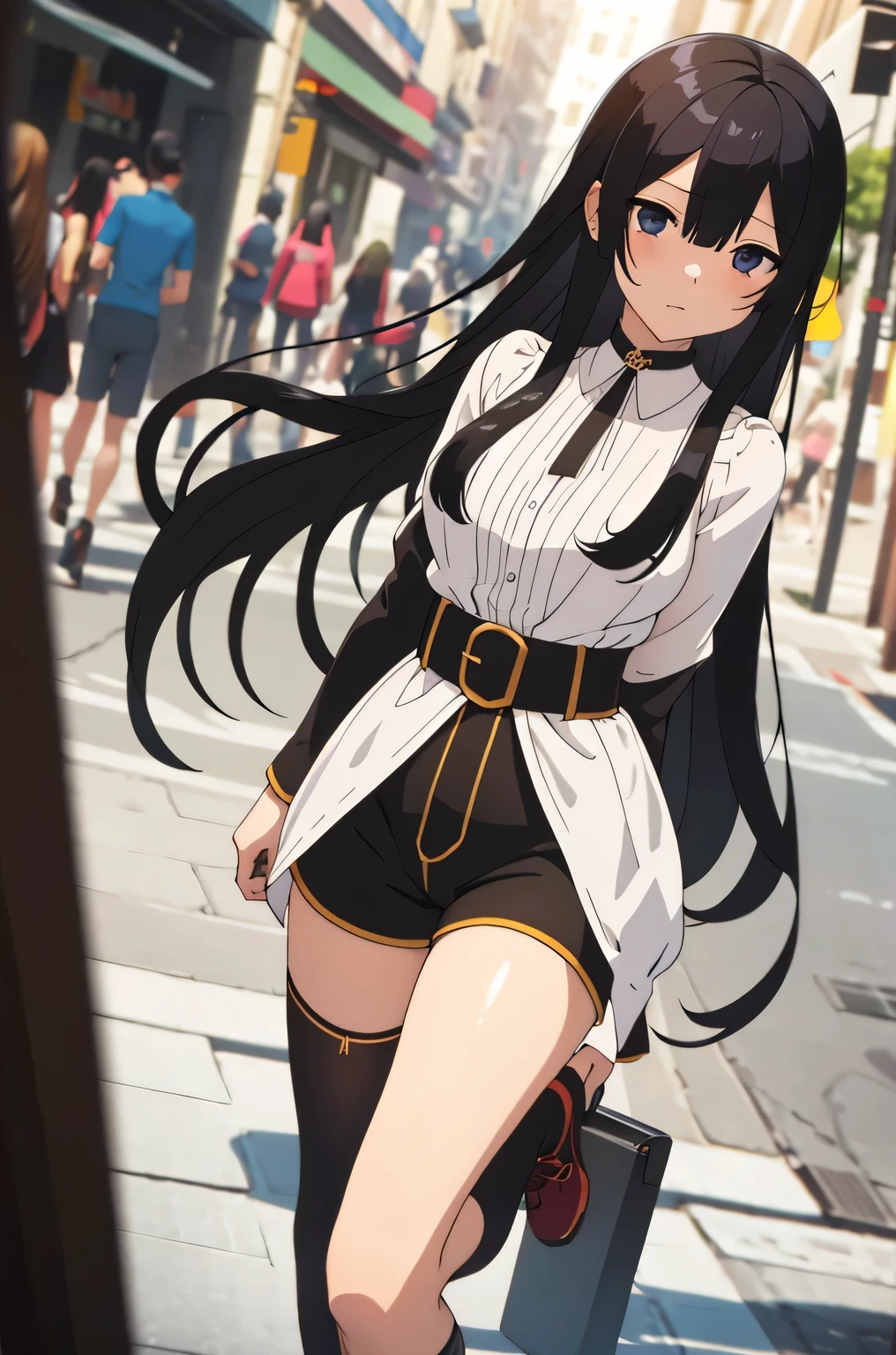 eumi, 1girl, solo, long hair, blunt bangs,bangs, black hair, black eyes,,1girl, medium breasts, makeup, sweat, bob cut, oversized clothes, shorts, choker, looking at viewer, pussy peek, from below, blush, street, navel, shoe soles, boots, leg up, thighhighs,