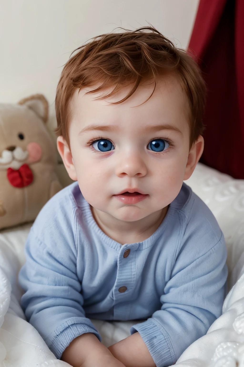 A little baby boy lies peacefully in a golden crib, surrounded by plush pillows and blankets. His beautiful blue eyes sparkle with curiosity, while a few strands of bright red hair frame his tiny face. He is dressed in a warm, cold-weather outfit to keep him cozy, and a pacifier is tucked in his mouth. The ultra-realistic 8K HD image captures every intricate detail of his tiny features, from the perfectly rosy cheeks to the individual hairs on his head. The shallow depth of field adds a dreamy, cinematic quality to the image, making it a truly breathtaking masterpiece.