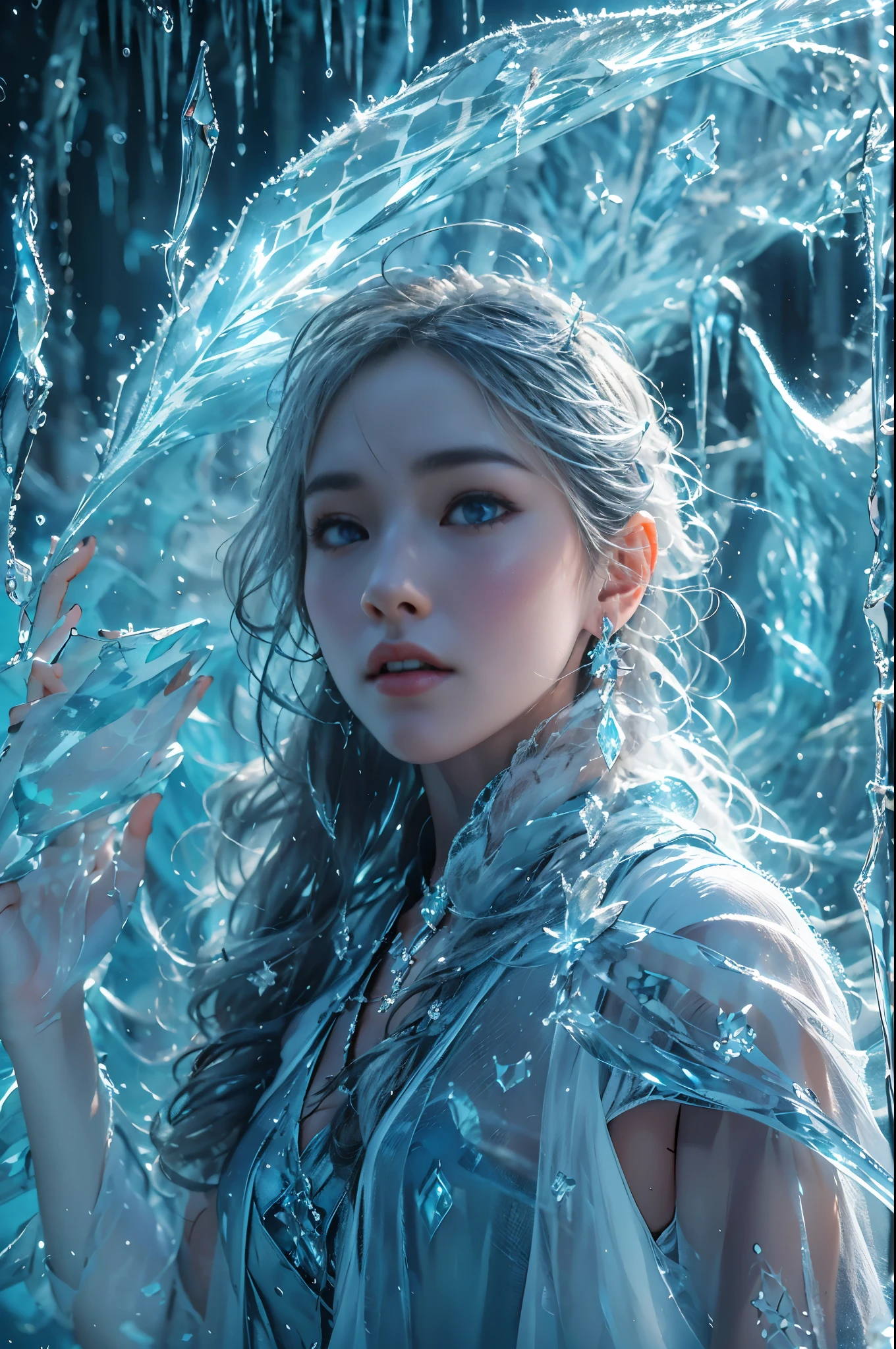 (((1 girl)))，dynamic poses，（skirt made of ice：1.5），（magic circle：1.2），magic circle，blue concentric circles，ice crystals，concentric circles of frost，(((icicle)))，Ice mist，Ice particle effects，（Ice butterfly：1.2），Amazing results，,best quality,masterpiece,ultra high resolution,detailed，8K resolution,chiaroscuro，NVIDIA RTX